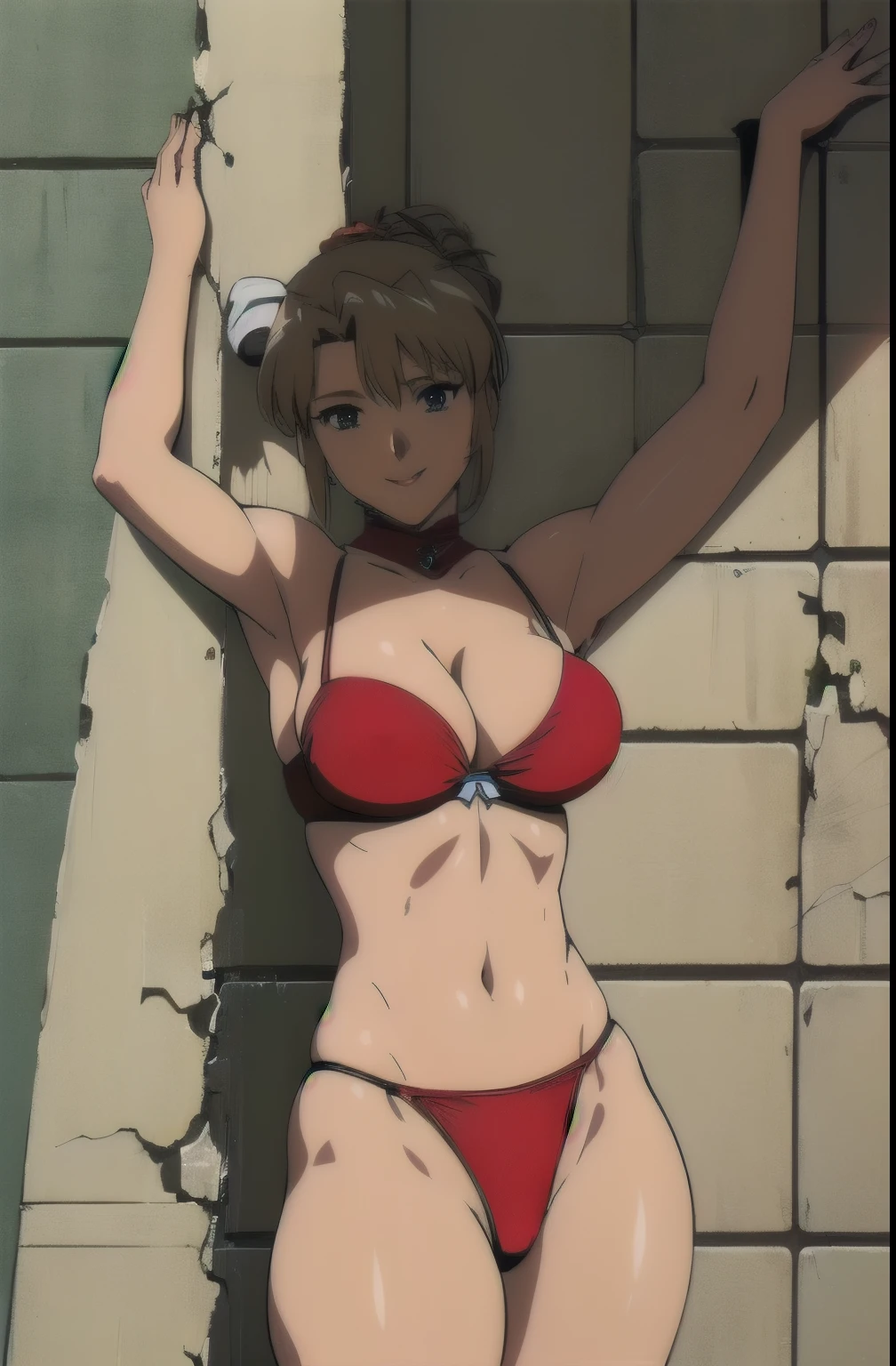 (extremely detailed CG unity 8k wallpaper), (masterpiece), (best quality), (ultra-detailed), (best illustration), (best shadow), (absurdres), 1girl, solo, pefrect face, perfect eyes, large breasts, shining breasts, standing, sfw, safe, nobarakugisakinova, nobara from jujutsu kaisen, nobara, short hair, light brown hair, close the camera, red lace bikini, looking into view, standing, selfie, bra