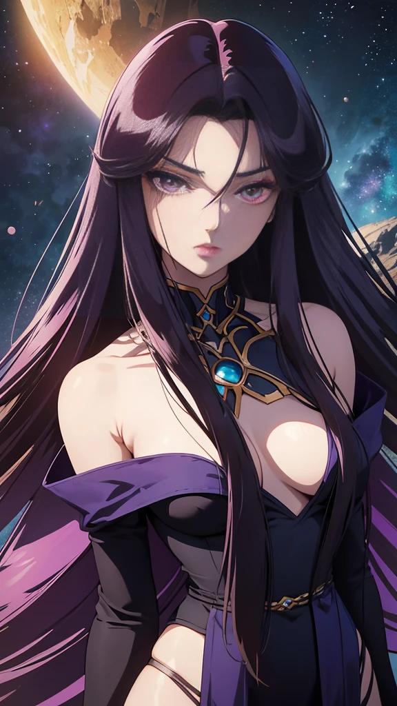 Ultra-detailed wallpaper, Ultra-detailed lines, Ultra-detailed body, Ultra-detailed attributes, Rendered image, Ultra-detailed drawing strokes, Ultra-detailed face, Ultra-detailed eyes, Ultra-detailed hair, Field location, Sensual, Erotic, Full body photo, Masterpiece, Highly detailed, High quality, (Pandora from the Saint Seiya anime series) a girl of great beauty, Her physique is as follows: long-haired girl, wears lingerie)), her hair is black as night, Misato Katsuragui's haircut, long and straight, falling down her back to her waist. ((Misato's haircut)), Her bangs cover part of her forehead and frame her oval face.  Her eyes are purple, ((big purple eyes)),((big eyelashes))(( which contrasts with her pale skin and dark hair. Her eyes reflect her cold, cruel and ambitious personality. Her nose is thin and straight, giving her an aristocratic appearance. Her mouth is small and delicate, with full red lips, she wears lingerie, old anime gothic girl, full body pose