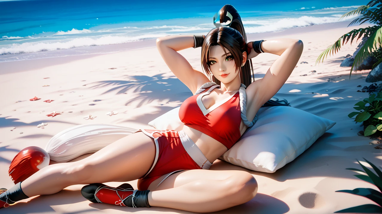   Sexy mai shiranui, UHD,  on the beach at night ,  wearing red sports top, cowboy shorts,  sports shoes,  pose sexy, with hands behind head ,