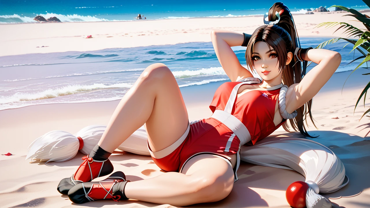   Sexy mai shiranui, UHD,  on the beach at night ,  wearing red sports top, cowboy shorts,  sports shoes,  pose sexy, with hands behind head ,