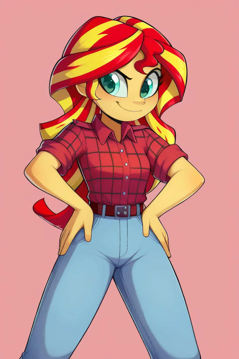 score_9, score_8_up, score_7_up BREAKSambaNekoStyle, sunset shimmer,pestil, painterly hair, sharp contrasts, ,Sunset shimmerEQG, red hair , green eyes, yellow skin, red flannel collared shirt, short sleeves, blue jeans, half body smile, hands on hips,  1girl, solo, red sneakers 