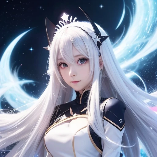 anime girl with long white hair and a star in her hair, white haired deity, anime girl with cosmic hair, star(sky) starry_sky, anime visual of a cute girl, splash art anime , white glowing aura, girl with white hair, ethereal anime, akasuki voidstar, celestial aura, nightcore, anime moe artstyle