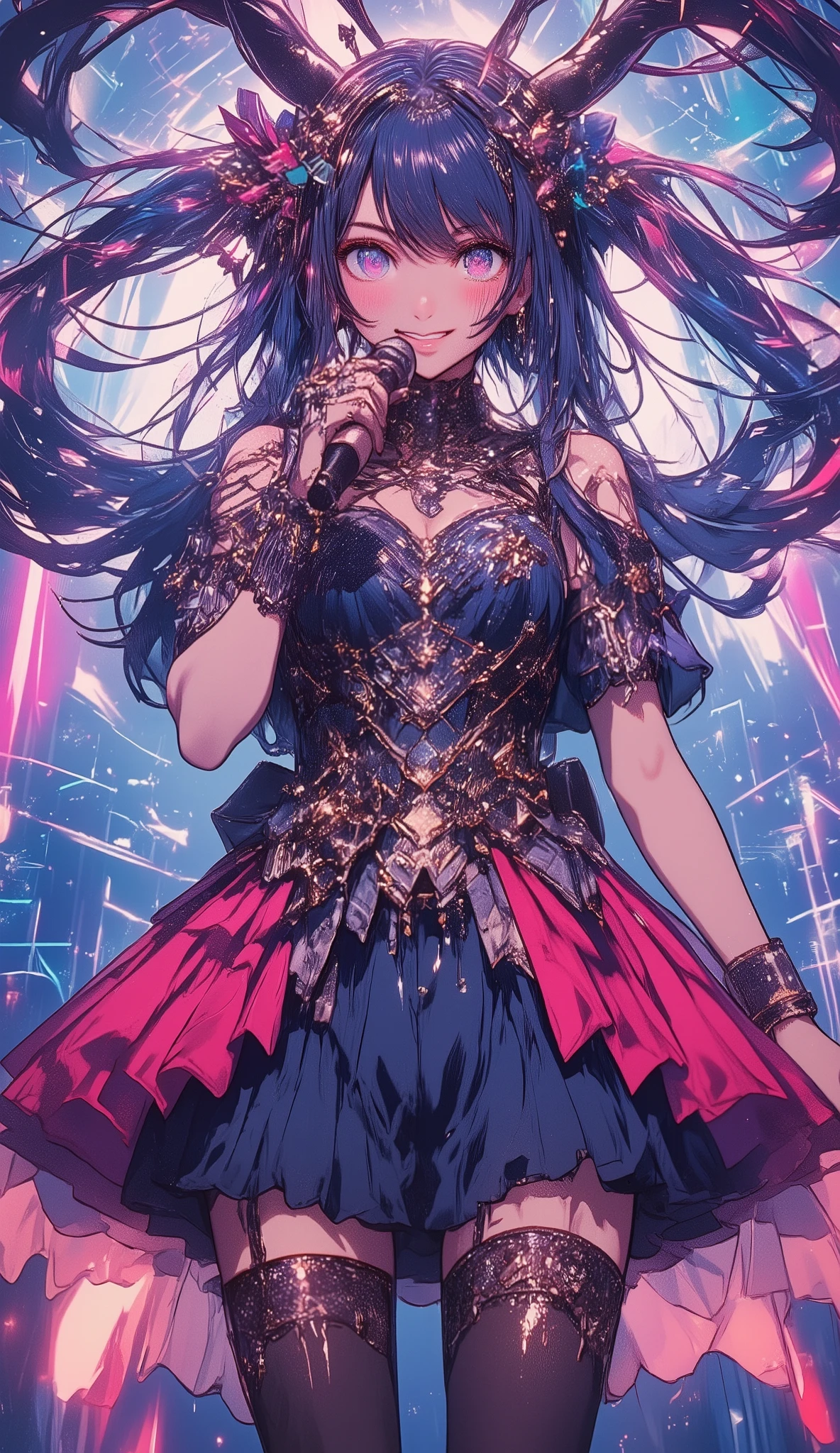 Love Hoshino、 idol costume、 upper body、 has a microphone 、 simple background