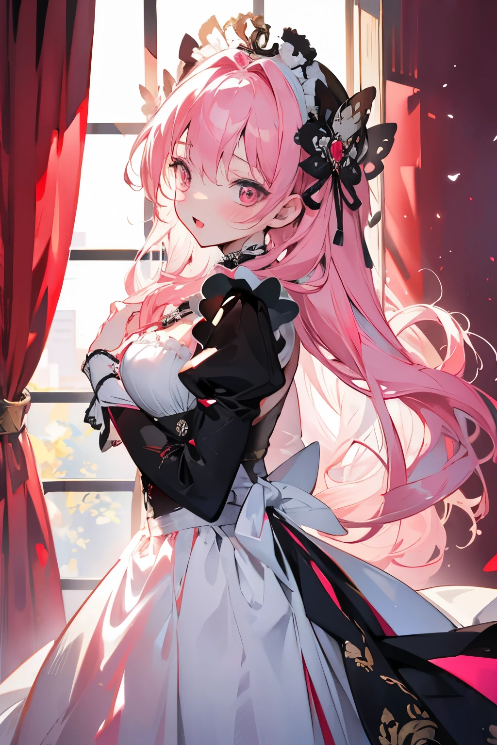 Score_9, Score_8_up, Score_7_up, Score_6_up, High definition illustration, Official art, Ultra-definition illustration, Ultra-high resolution, Only daughter, Blush, Bright pink long hair, Perfect center part, Beautiful breasts, Shy, Squinting eyes, Slut, Open mouth, (Sweat 0.8), Beautifully designed window frame, (Curtain), Gorgeous and beautiful collar like jewel, Luxurious room, Red eyes,  (Maid),