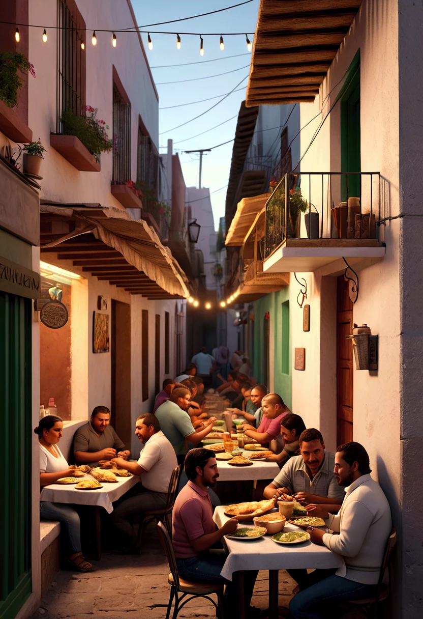  taqueria  "The pelos ",  people gathered eating around a table,  on the side of the street 