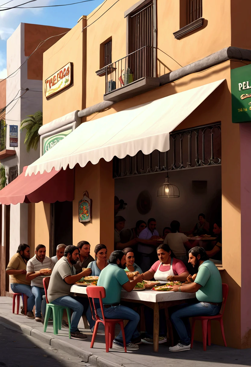  taqueria  "The pelos ",  people gathered eating around a table,  on the side of the street 