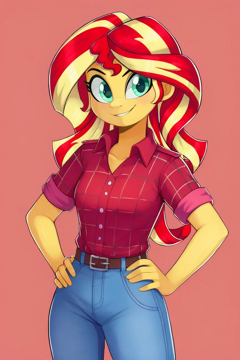 score_9, score_8_up, score_7_up BREAKSambaNekoStyle, sunset shimmer,pestil, painterly hair, sharp contrasts, ,Sunset shimmerEQG, red hair , green eyes, yellow skin, red flannel collared shirt, short sleeves, blue jeans, half body smile, hands on hips,  1girl, solo, red sneakers 