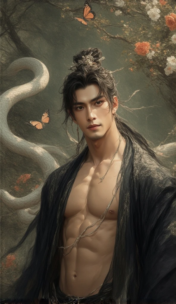 A handsome Asian man with strikingly sharp facial features, large expressive eyes, and a toned, model-like physique. shirtless, revealing defined and sculpted abs that exude strength and elegance. His skin is luminous, with a radiant glow reminiscent of a deity, giving him an ethereal aura.

He is wearing black traditional Chinese attire, with an open-front outer robe that reveals a muscular upper body, The robes are detailed with subtle silver embroidery, adding an air of mystique and sophistication.

The scene is set in a lush garden filled with blooming flowers and vibrant greenery, with a shallow depth of field that creates a dreamy bokeh effect in the background. A majestic big white snake with smooth, shimmering scales coils gracefully around him, symbolizing mystery and power. Orange and white butterflies flutter gently, adding movement and emphasizing the multi-layered depth of the composition.

Soft sunlight filters through the trees, casting a warm glow on his skin and the surrounding blossoms. The overall atmosphere is a blend of sensuality, mystery, and divine presence, captivating the viewer with its enchanting and layered depth