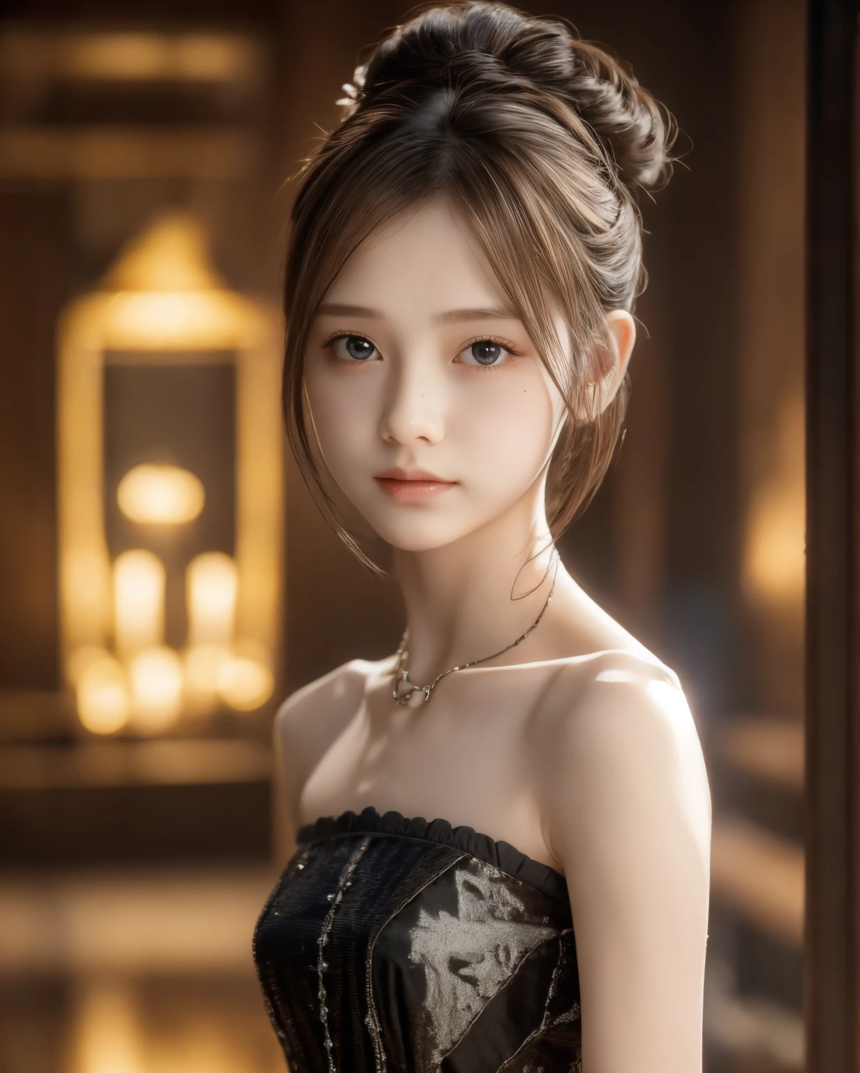 Official art,  Unity 8K Wallpaper,  more details,  beautiful,  beautiful, masterpiece,  top quality, Darkness,  vibe, mystery, Romanticism, literature, art, fashion,  Victorian, Decoration, Complexity, Ironwork, race, meditation, Depth of emotion,  Supernatural, 1 girl, white skin,White Shoulders,Narrow shoulders,Thin arms, slender waist, bun hair 