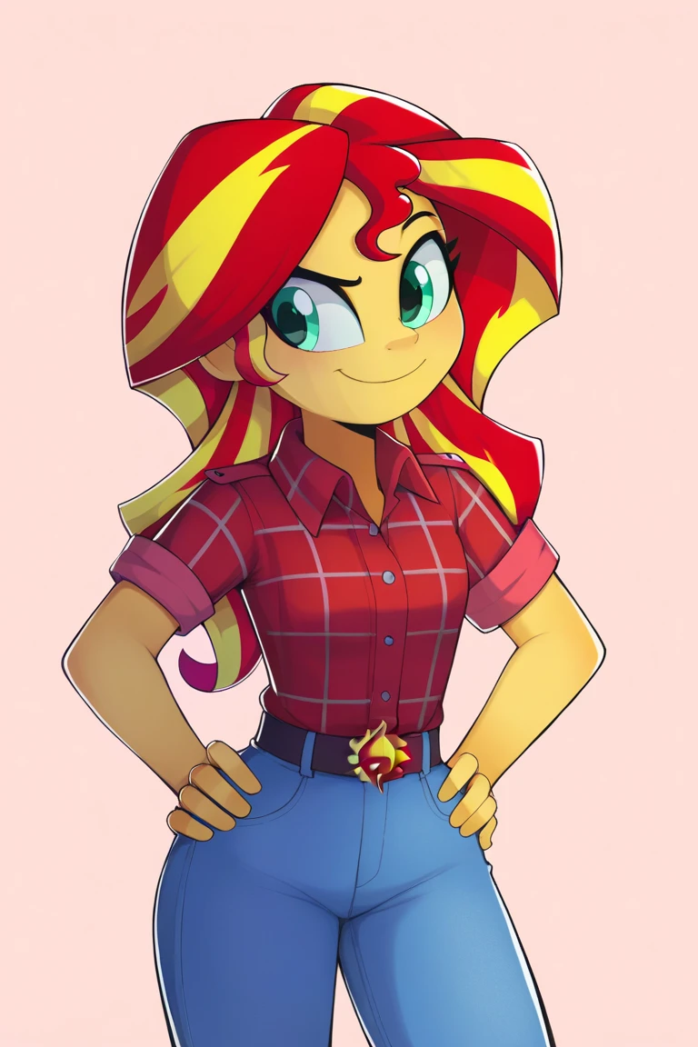 score_9, score_8_up, score_7_up BREAKSambaNekoStyle, sunset shimmer,pestil, painterly hair, sharp contrasts, ,Sunset shimmerEQG, red hair , green eyes, yellow skin, red flannel collared shirt, short sleeves, blue jeans, half body smile, hands on hips,  1girl, solo, red sneakers 