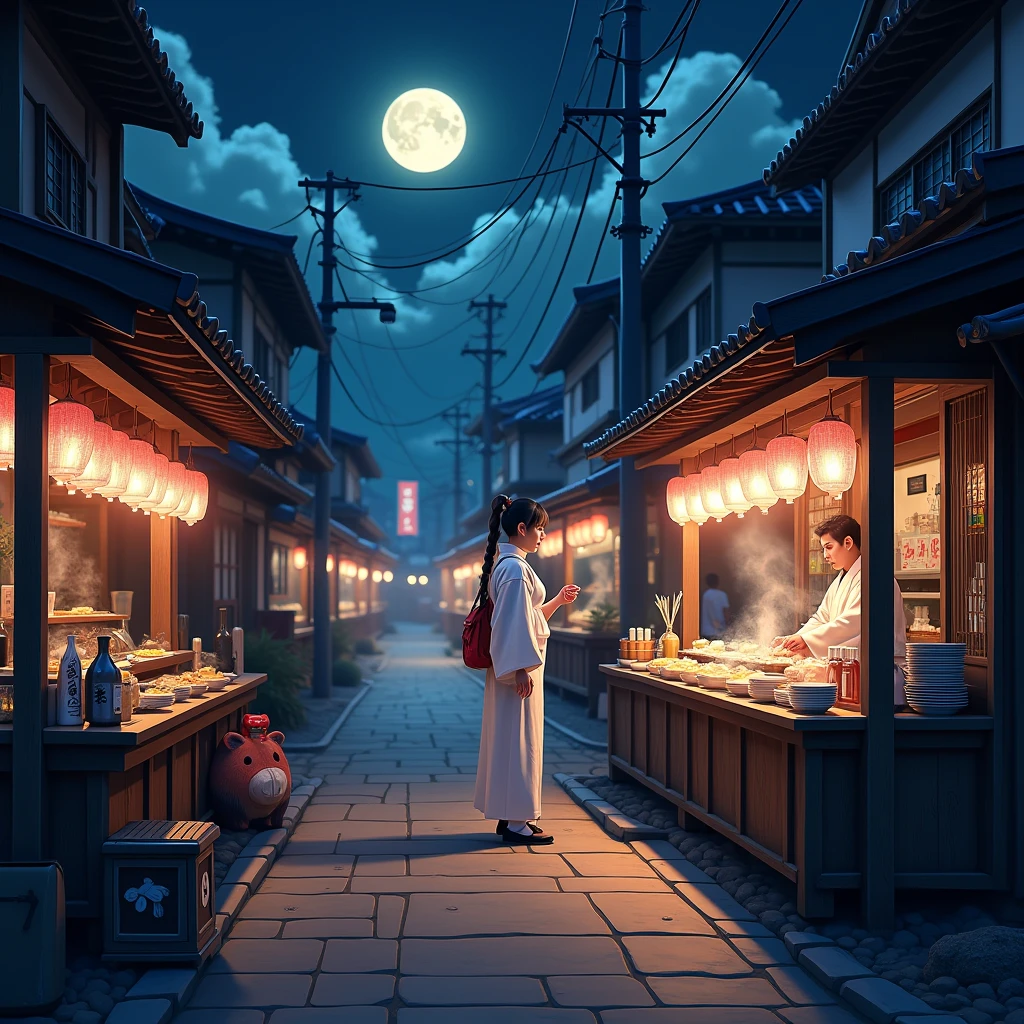 Street lined with old wooden food stalls 、Steam from the wooden roof 、 Oden Stall 、White kimono shopkeeper、 cool night vibes、Full moon night、 oden pot、Crisp lines、 sharp focus、 High Quality 、 8K ultra HD、 Amazing Full Color 、 counter with plates, chopsticks, sake, and boar、Realistic、 real pictures、