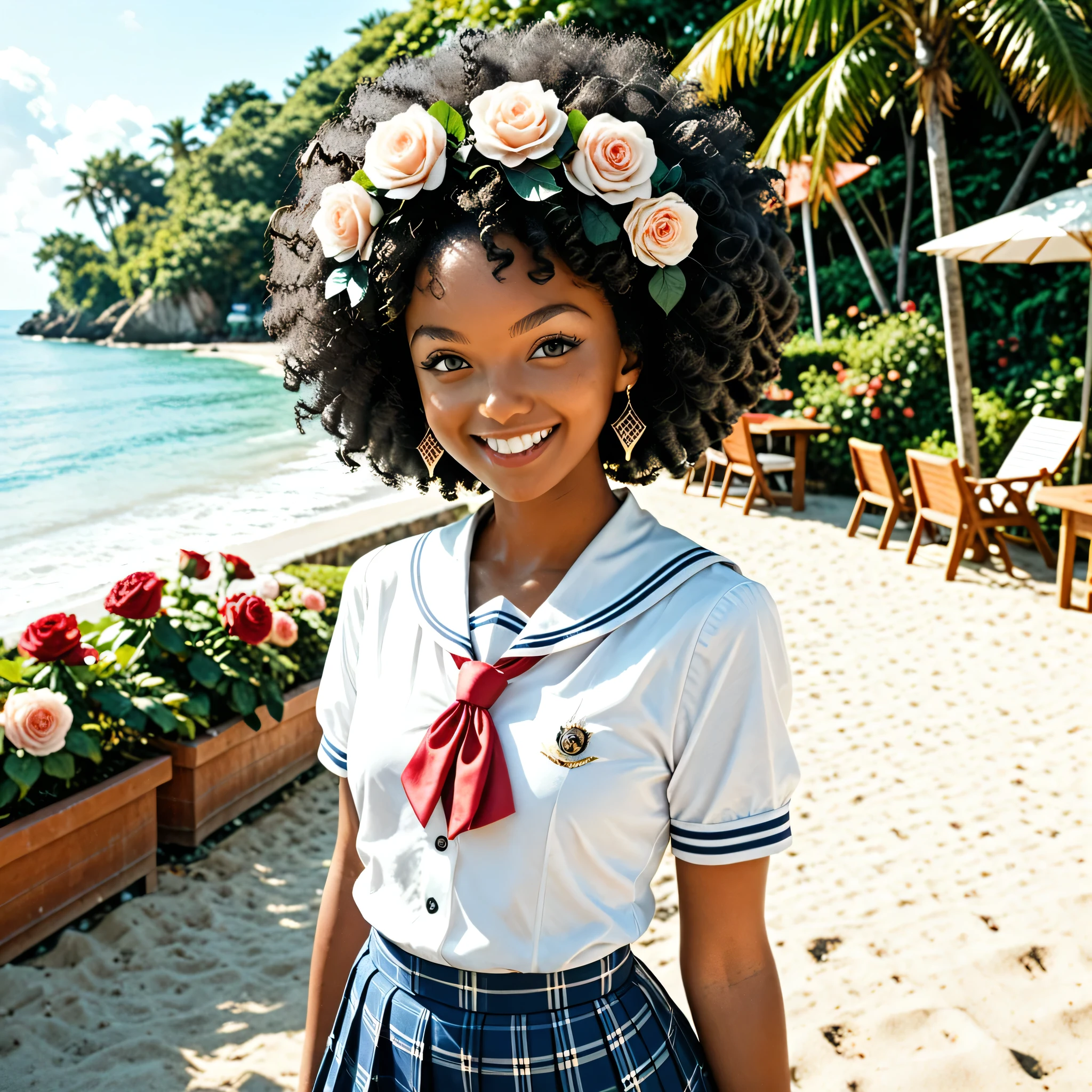 Smiling young Khoisan woman with black afro hairstyle, wearing white and blue luxury school uniform with lace skirt, standing in a rose garden overlooking the beach.