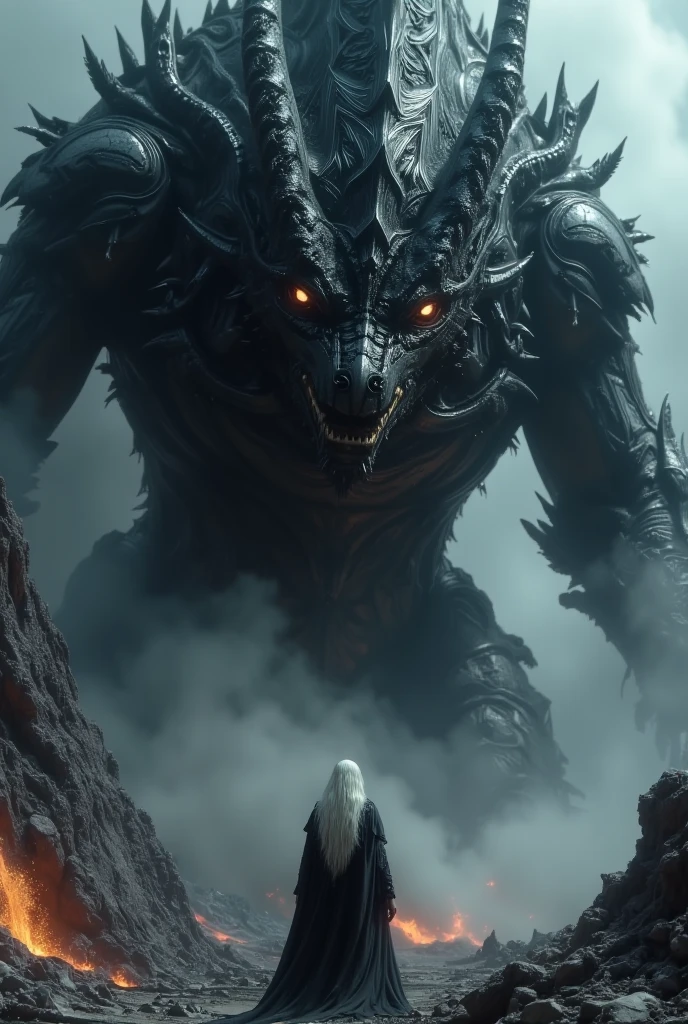 A mystical and dark fantasy scene depicting a towering, fierce black dragon with intricate scales and piercing amber eyes, facing a cloaked figure with long flowing silver hair. The setting is a volcanic landscape, with glowing lava streams and thick fog creating an eerie atmosphere. The dragon's massive head looms closely over the figure, emphasizing its immense size and power. The figure stands confidently, their cloak billowing in the wind. The overall mood is tense and dramatic, with a cinematic, high-detail visual style