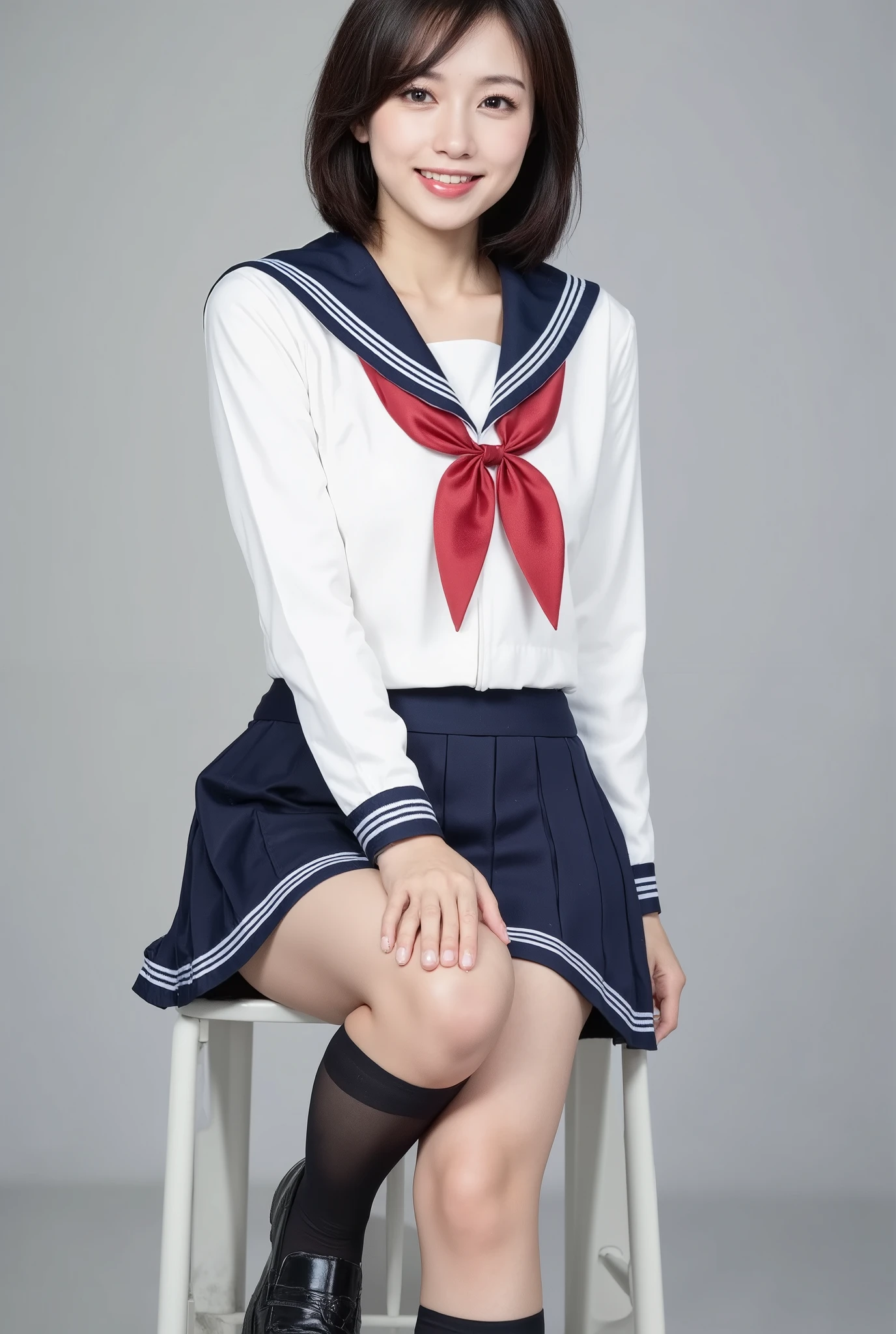 very detailed、Masterpiece、 top quality、 ultra high definition 、8k high resolution、 Photogenic Clarity、 detailed eyes、[ gradation , Nikon Z9 80mm lens , Masterpiece、 beautiful Japanese girl 、 model stand,Woman in uniform, long sleeve white sailor collar shirt with red neckerchief、 I'm wearing a pleated skirt , black knee-high socks and black loafers 、white panties with ribbon lace、 punch:1.5、((( skirt flip)))、((( pin-up )))、((( Smiling White Teeth )))、((( punch)))、 beautiful posture、 short hair、 grey background