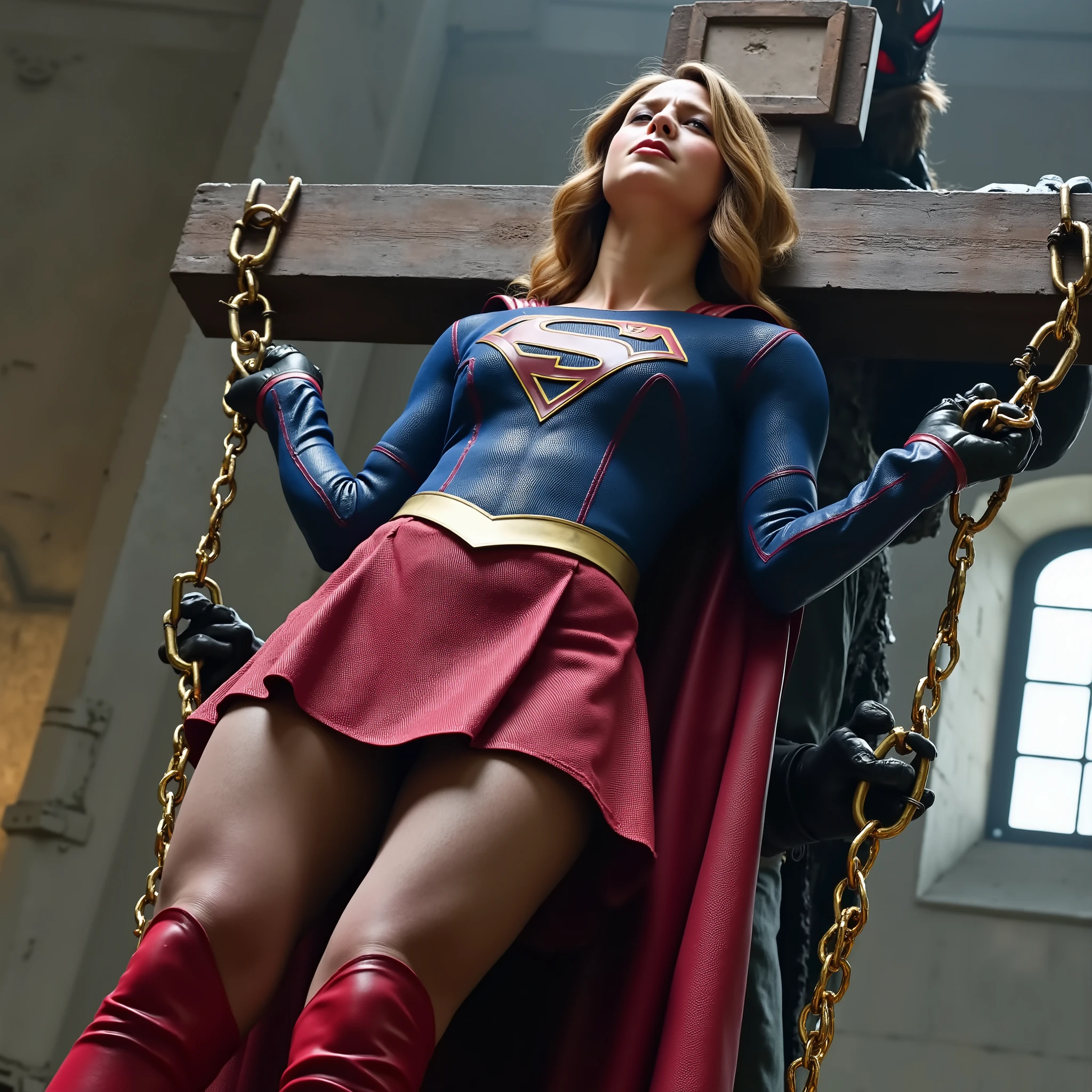 Melissa Benoist as Supergirl, the Supergirl is lying crucified attach the cross, her wrists are bounded to the cross by chain, she is unconscious, eyes close, She is wearing a Supergirl costume with red skirt, pantyhose and red knee height boots, her condition is tired, injury, tattered clothes, painful face, a devil stand beside and press her legs,
