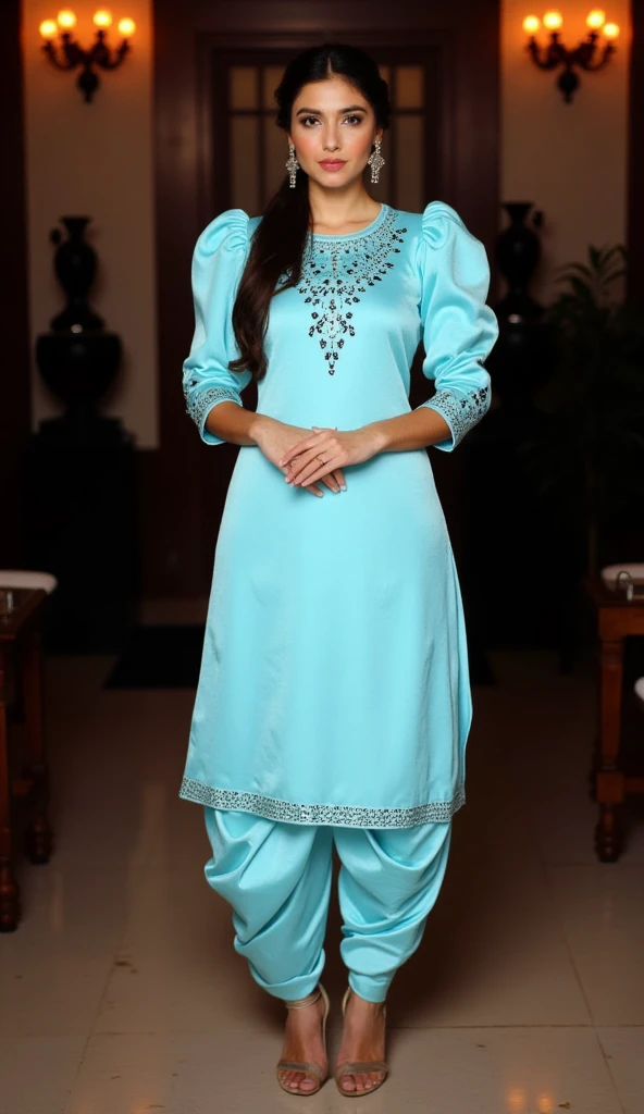 a tall fat v shape body figure woman stands straight gracefully at a party,camera-facing with her hands  together in front of her.she is wearing a punjabi-style outfit made of light blue satin black stone,motifs design work fabric kurti. the round-neck kurti has exaggerated puffy shoulders, adding a dramatic flair, and fitting 3/4 sleeves for an elegant touch. paired with satin fabric dhoti-style shalwar,the look is completed with high heels that accentuate her poised stance,exuding sophistication and allure.