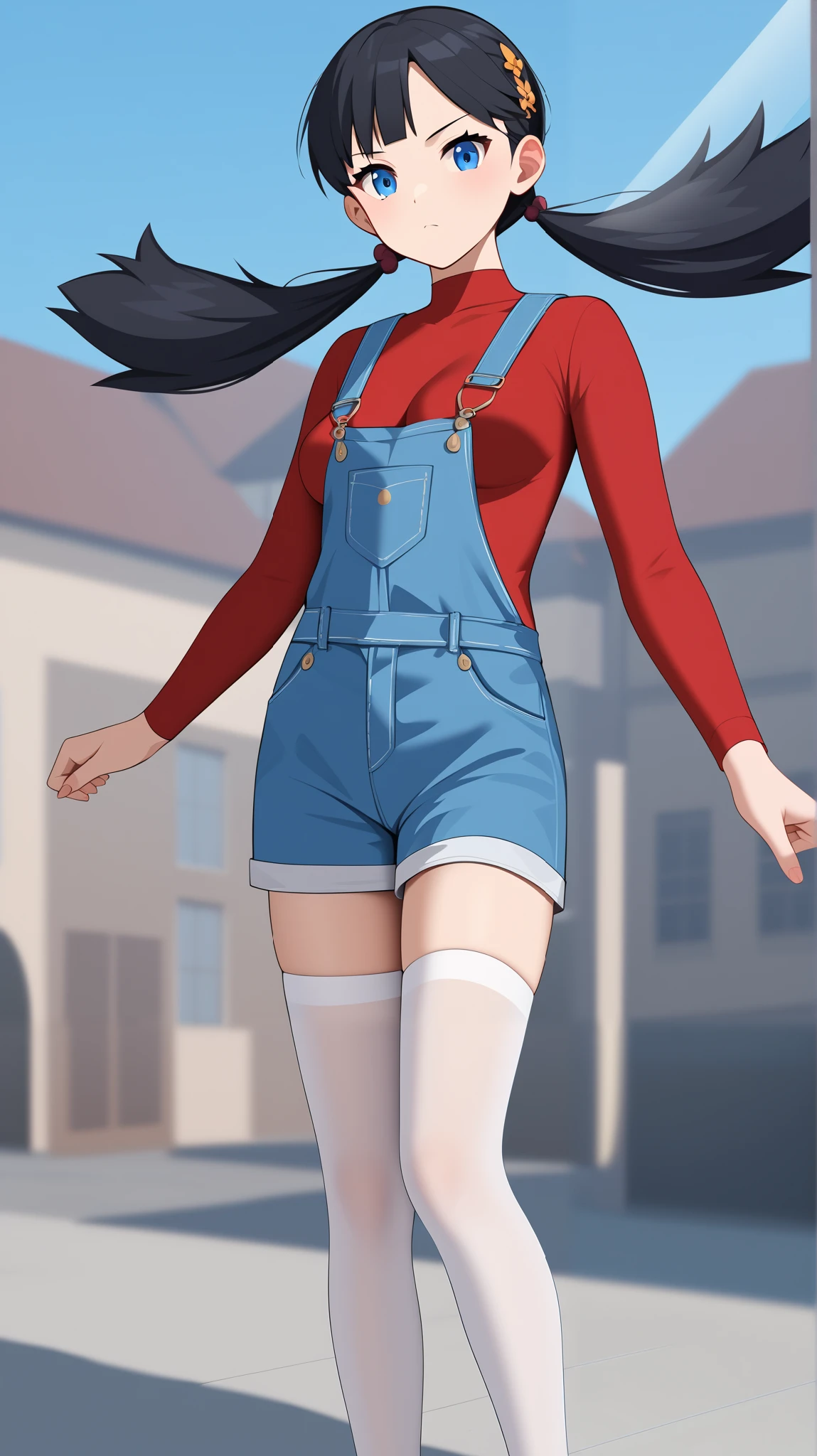 (( top quality)), ((masterpiece)), (( Details)), 1girl, Two legs, two arms, blue-black hair color,  twin tails,  long hair,  blue eyes, red long sleeve shirt , blue shorts overalls,  white knee-high stockings reflective on glass floors,  absolute domain,  thighs, orange laces ,  Tall,  ANIME COLORING BOOK,  Audience , 1 Female, Age 18,  is standing, whole body,  dynamic poses,  slim figure,  serious expression, Ample breasts, town,  score_9,  score_8_Excellent,  score_7_Excellent,  score_6_Excellent,  source_Anime,  cell shading,  flat color, vector, 