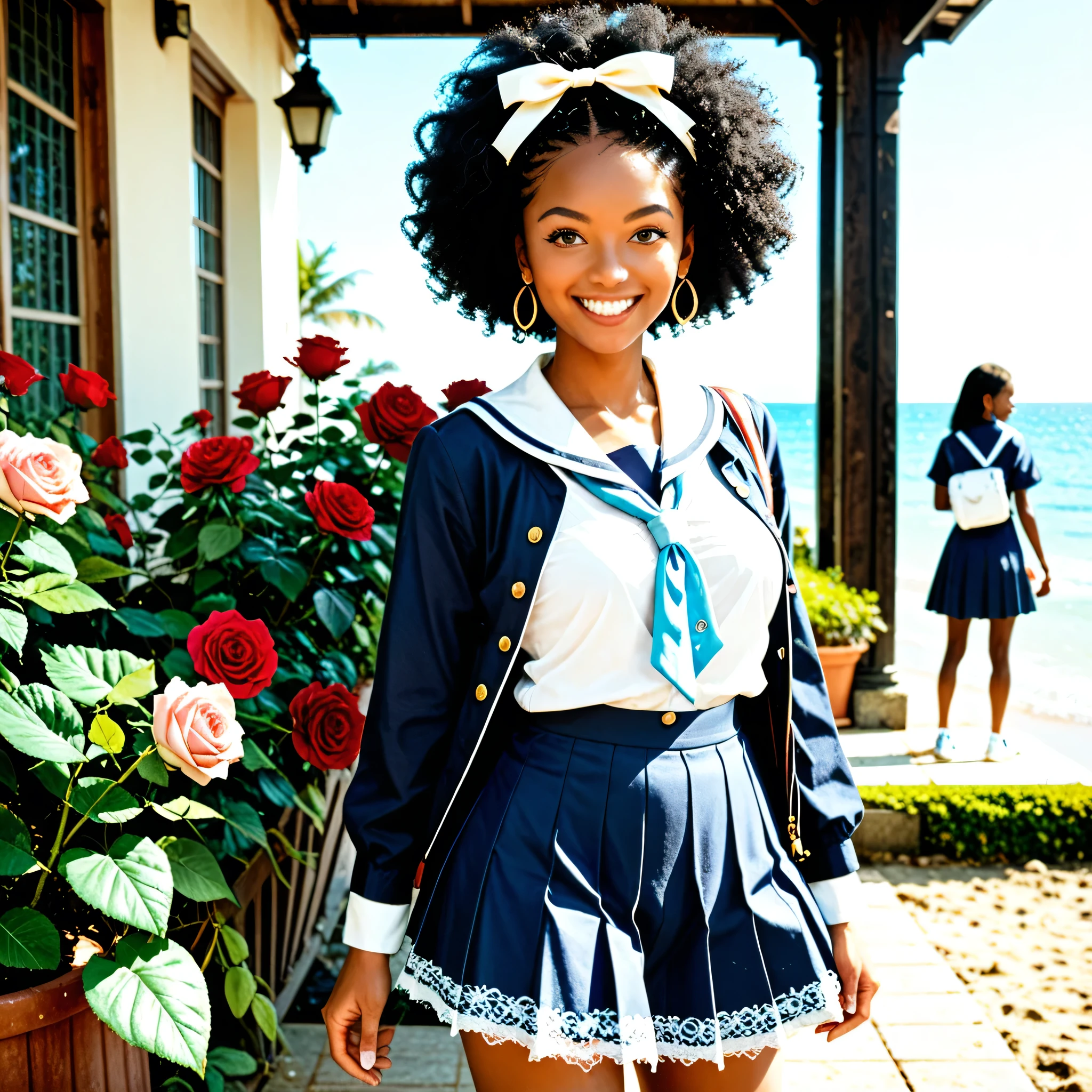 Smiling young Khoisan woman with black afro hairstyle, wearing white and blue luxury school uniform with lace skirt, standing in a rose garden overlooking the beach.