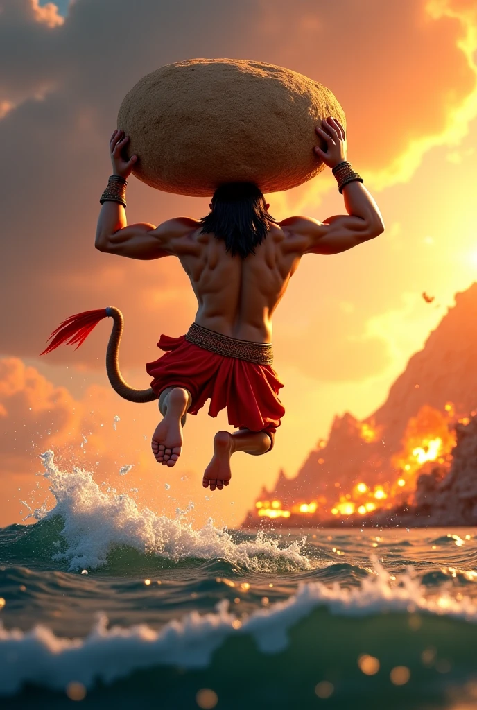 In cinematic 3d cartoon style “ "Vanaras Building the Bridge": Show the Vanara army, led by Hanuman, throwing large stones into the ocean with the name "Ram" inscribed on them. Illustrate the stones forming a bridge across the water.