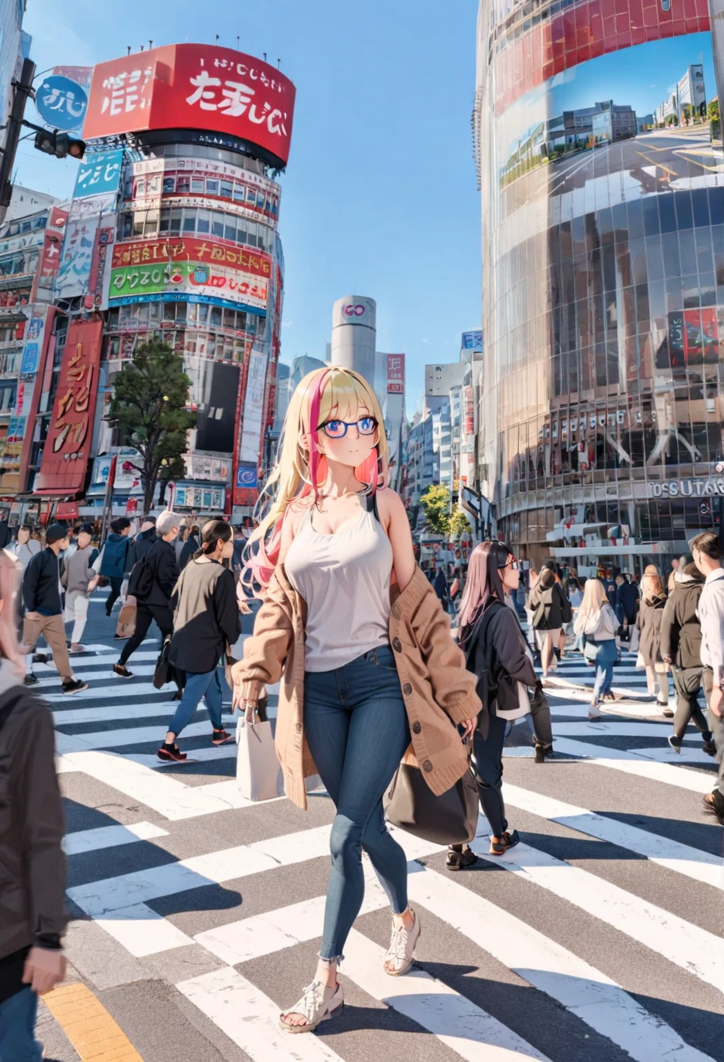 1girl, solo focus, blonde hair, pink hair, long hair, streaked hair, multicolored hair, blue eyes, eyeliner, glasses, semi-rimless eyewear, tank top, cardigan, open cardigan, jeans, large breasts, shibuyaSK, outdoors, crosswalk, day, real world location, 6+others, road, city, sky, street, cloud, scenery, building, traffic light, blue sky, sign, multiple others, crowd, walking, masterpiece, best quality, very aesthetic, absurdres, 