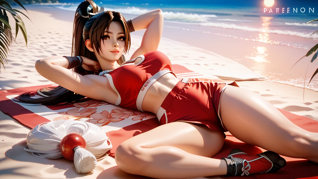   Sexy mai shiranui, UHD,  on the beach at night ,  wearing red sports top, cowboy shorts blue, wearing sports shoes,  pose sexy, with hands behind head, 