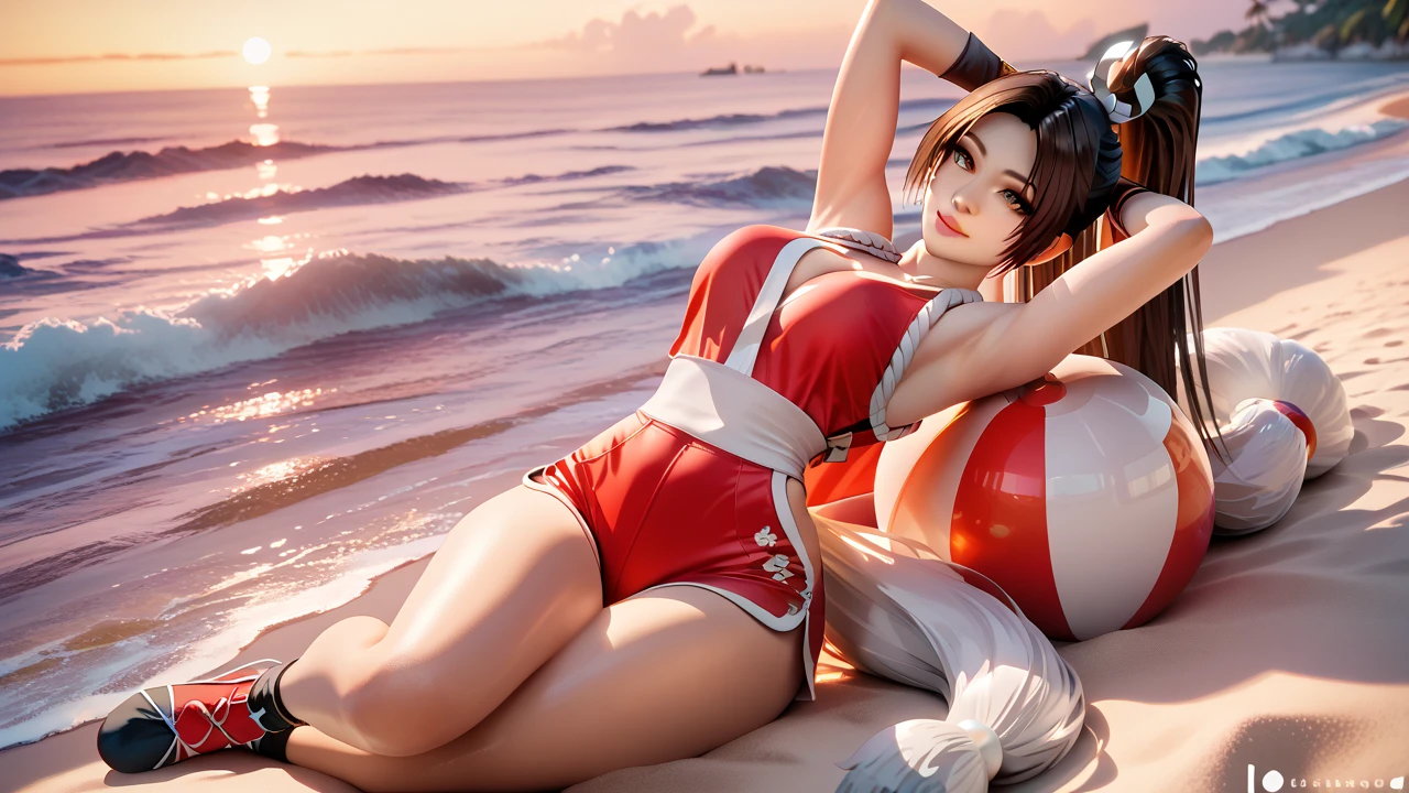   Sexy mai shiranui, UHD,  on the beach at night ,  wearing red sports top, cowboy shorts blue, wearing sports shoes,  pose sexy, with hands behind head, 