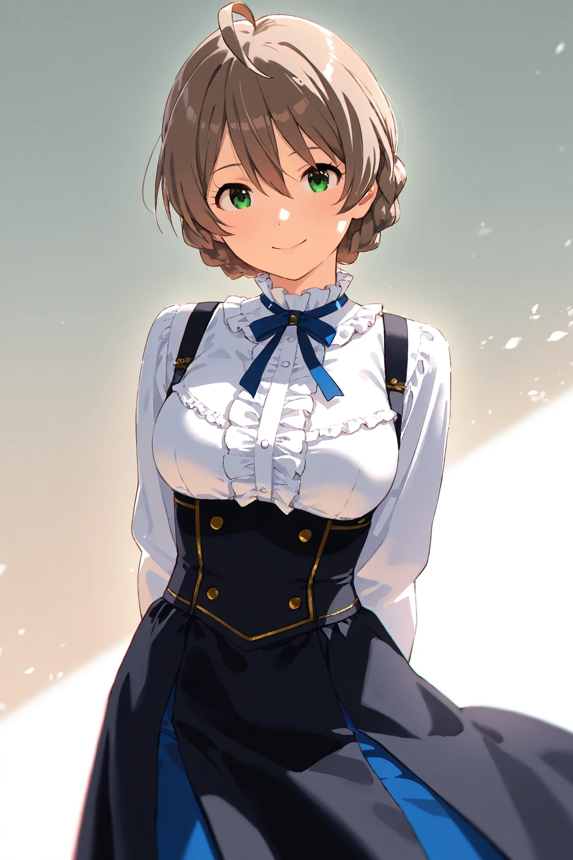 score_9,score_8_up,score_7_up,masterpiece,best quality, source anime, (photorealistic:1), hyperrealistic, 8k,super detailed, full body,from front,BREAK girl,Sakuramori Kaori, idolmaster million live!, braid, ahoge, green eyes, hair between eyes, light brown hair, short hair, smile, suspender skirt, center frills, frilled shirt collar, underbust, Alone, cowboy shot,Frills、 shirt、 Long Sleeve 、 skirt 