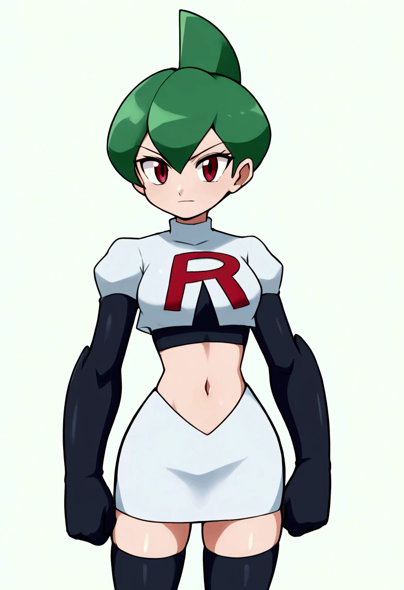  A stylized design of a girl, happy arrogant look ,  extreme pale white skin , short dark green hair,  framing the top of the head with a pointed crest on the top of the sky blue,  tilted backwards at a dynamic angle .  The face is white and smooth , with minimal details ,  contrasting by two bright white angular structures that protrude from the cheeks .  The eyes are almond-shaped with an intense red iris ,  projecting a serious and mystical expression ,  better quality, ( masterpiece),(ultra-detailed), ( high quality), ( high resolution), Team Rocket,Team Rocket uniform, white skirt ,red letter R,Crop top, tall black stockings, black elbow gloves,  white background, posing with insecurity ,  holding a rose in front of her face ,  white body.