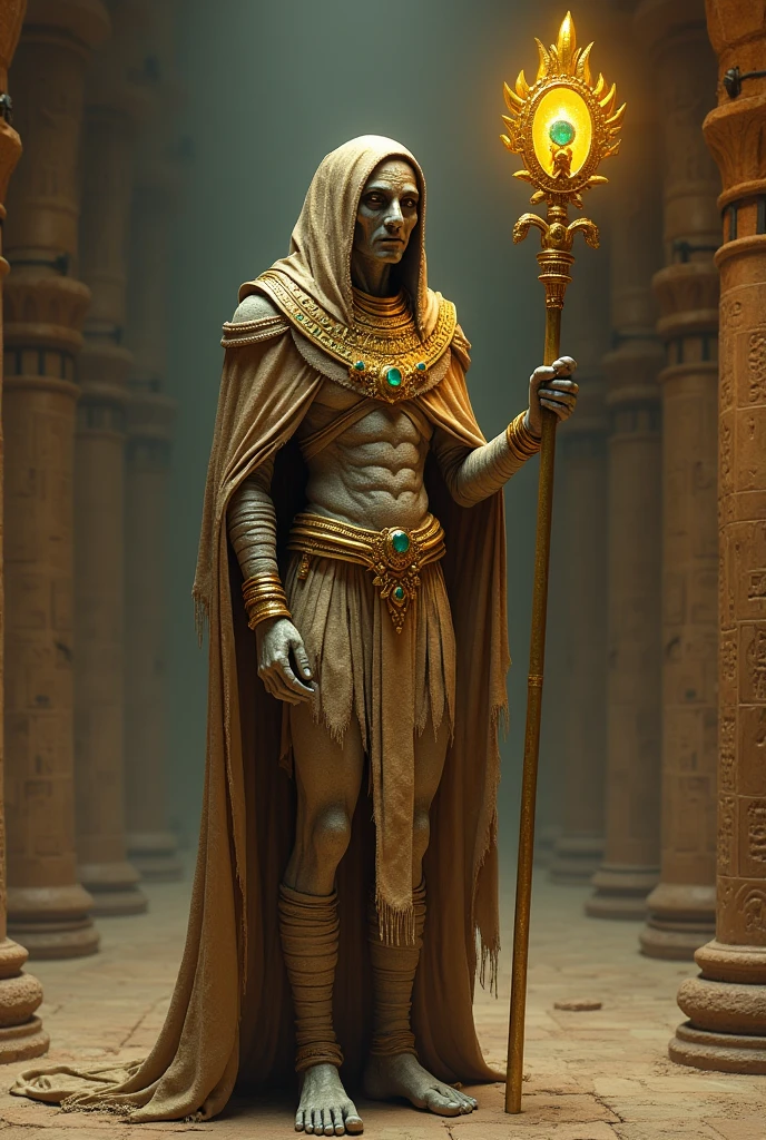 A full-length statue of the sexual young man with beautiful opened silver eyes looking forward with silver skin - God of the moon, made of silver, arabic appearance, naked in a floor-length silver skirt, covered with a hood, semicircular symbols on clothes    
In the temple with Arabic architecture made of silver, dark fantasy style
