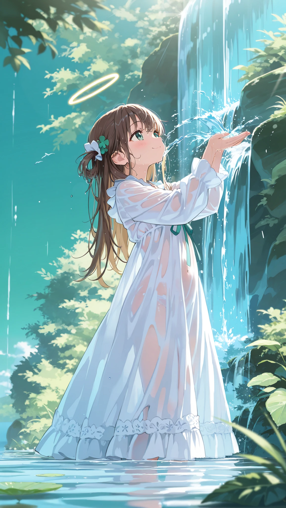 Waterfall, girl, long hair, wet hair, smile, white dress, swaying hem, hand raised slightly, splash of water reflecting light, green background, lens flare, high-key lighting, front close-up, vivid blue sky, detail A clear depiction. ,masterpiece,amazing quality,high resolution,volumetric lighting,depth of field,Cute,absurdres,very aesthetic,fantasy girl,newest