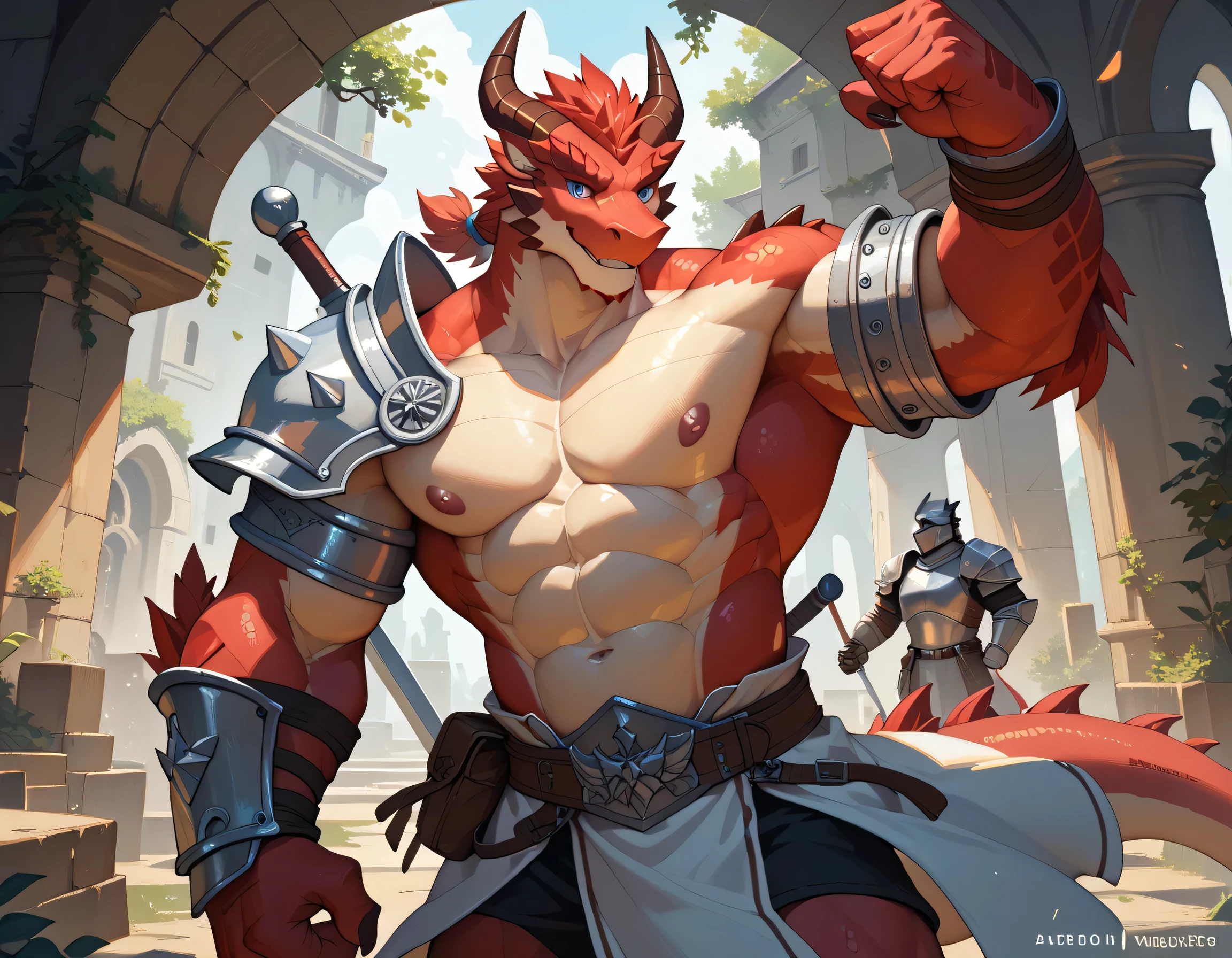 8k, fine details, (ultra detailed), a beautiful and detailed full size portrait of a male anthro dragon ((dragon wings, tail)), red eyes, eyes, tail, bedroom eyes, High Dynamic Range, cinematic shot, detailed eyes, big body goddess, kenket, Ross Tran,ruan jia, vip, trending on artstation,foxovh, cenematic lighting, muscular anthro, big pecs, buff, abs, (((nipples, loincloth, medium bulge,)) full body, looking at viewer, front view, standing, arms behind head, strong legs, holding a bag of gold, arms armor, legs armor, chest armor, open mouth, ((close up view)), pose, smile, medieval castle road, detailed background,
