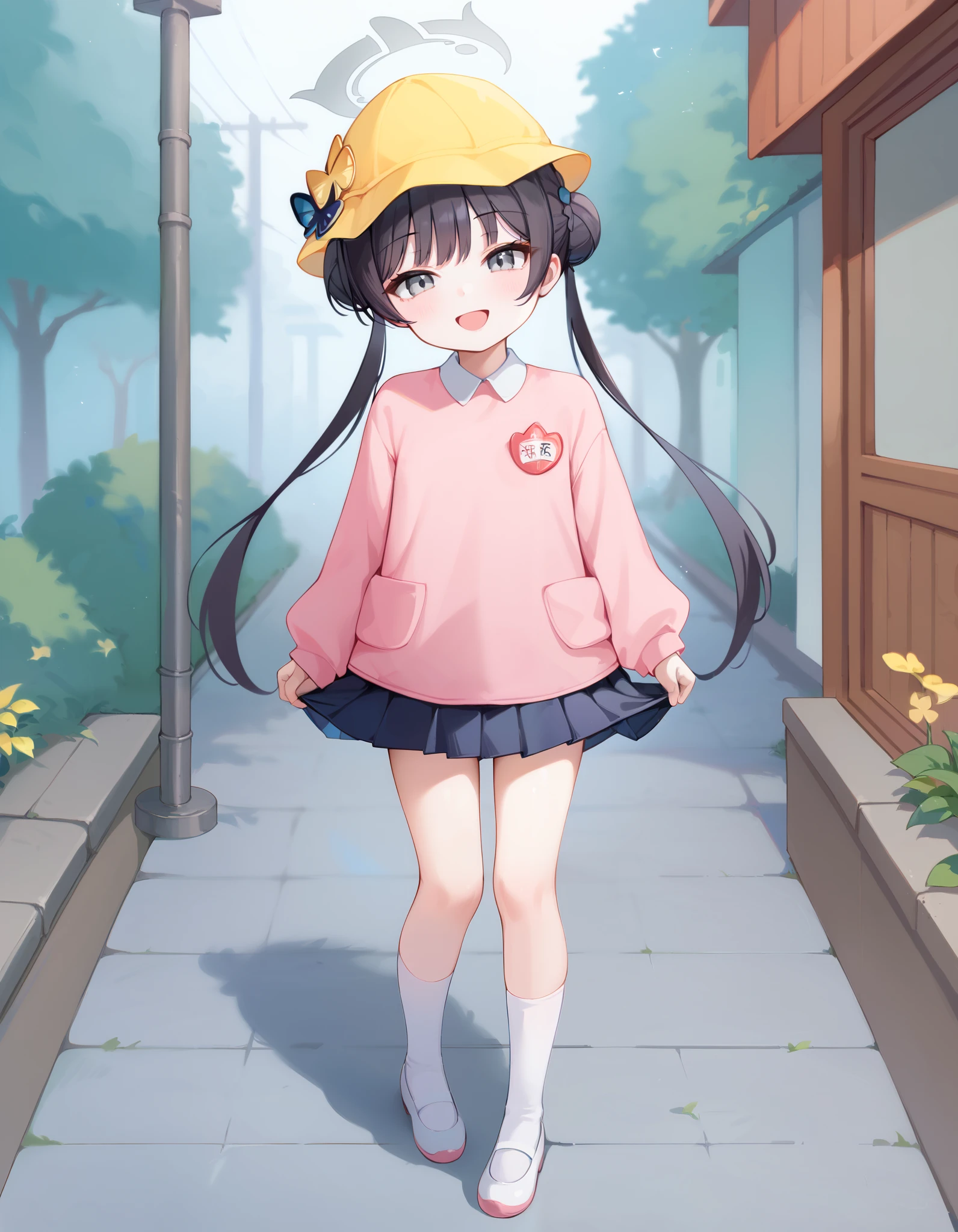 Hd, (girl:1.2) (slender body) (thin body), kisaki, black hair, low twintails, grey eyes, halo, school hat, yellow hat, kindergarten uniform, collared shirt, pink sweater, red name tag, holding yellow bags, flat chest, pleated skirt, black skirt, white socks, flat breasts, (white skin) happy and confident expression. full body, (ch1ldren playing), short girl, cute girl, (loli:1), (ch1ldren:1.2), long straight hair, thin legs, flat chest, flat breasts. (happy, smile, cheerful), Standing, outdoor, wearing pink shoes, white socks