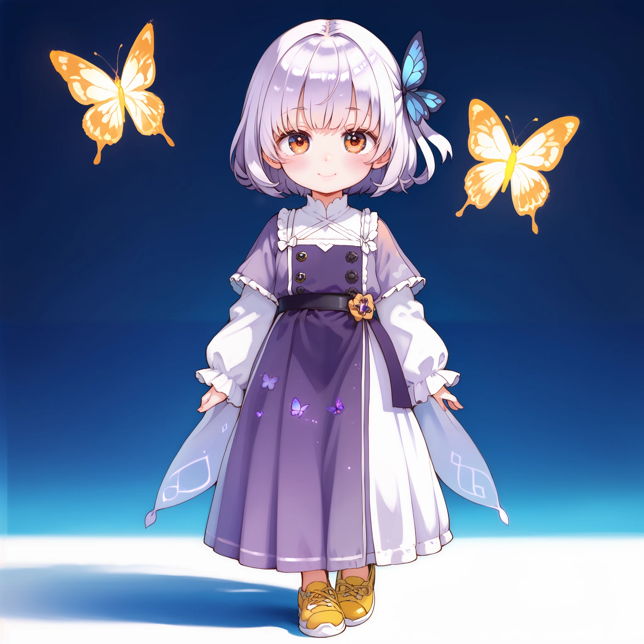 16k, HDR, RTX, ray tracing , Natural light, absurd, Highest Quality Masterpiece, Perfect Anatomy HD Facial, Exquisite Eyes , , Unique, beautiful hair , very beautiful , shining eyes , smile, purple short cut, orange eyes , Standing, cute , Single eyelid, monolid, white korean hanbok with purple long sleeve and black long skirt, yellow shoes, holding yellow glowing marble, butterfly hair ribbon , front view