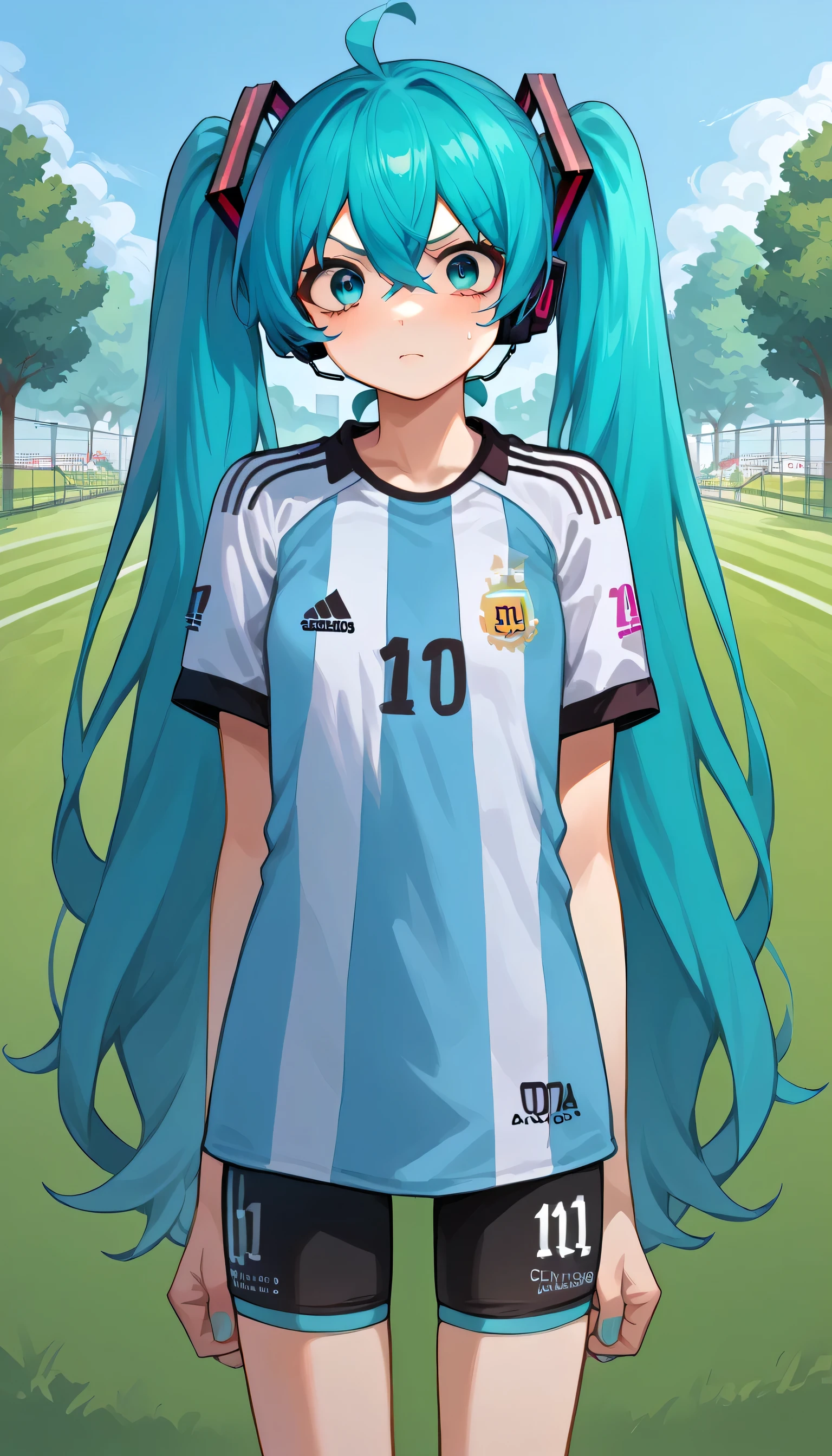score_9, score_8_up, score_7_up, source_anime, park, perfect body , standing , miku hatsune, ahoge, aqua eyes, aqua hair, crossed bangs, hair between eyes, hair ornament, headphones, long hair, twintails, small chest, oversized shirt, yoga shorts, skinny girl, pale skin,Argentina,ArgentinaCampeona,striped,sportswear,soccer uniform, solo, detailed hands, perfect hands, focus on face , mid body, exhausted face, sloopy eyes, looking at viewer, angry