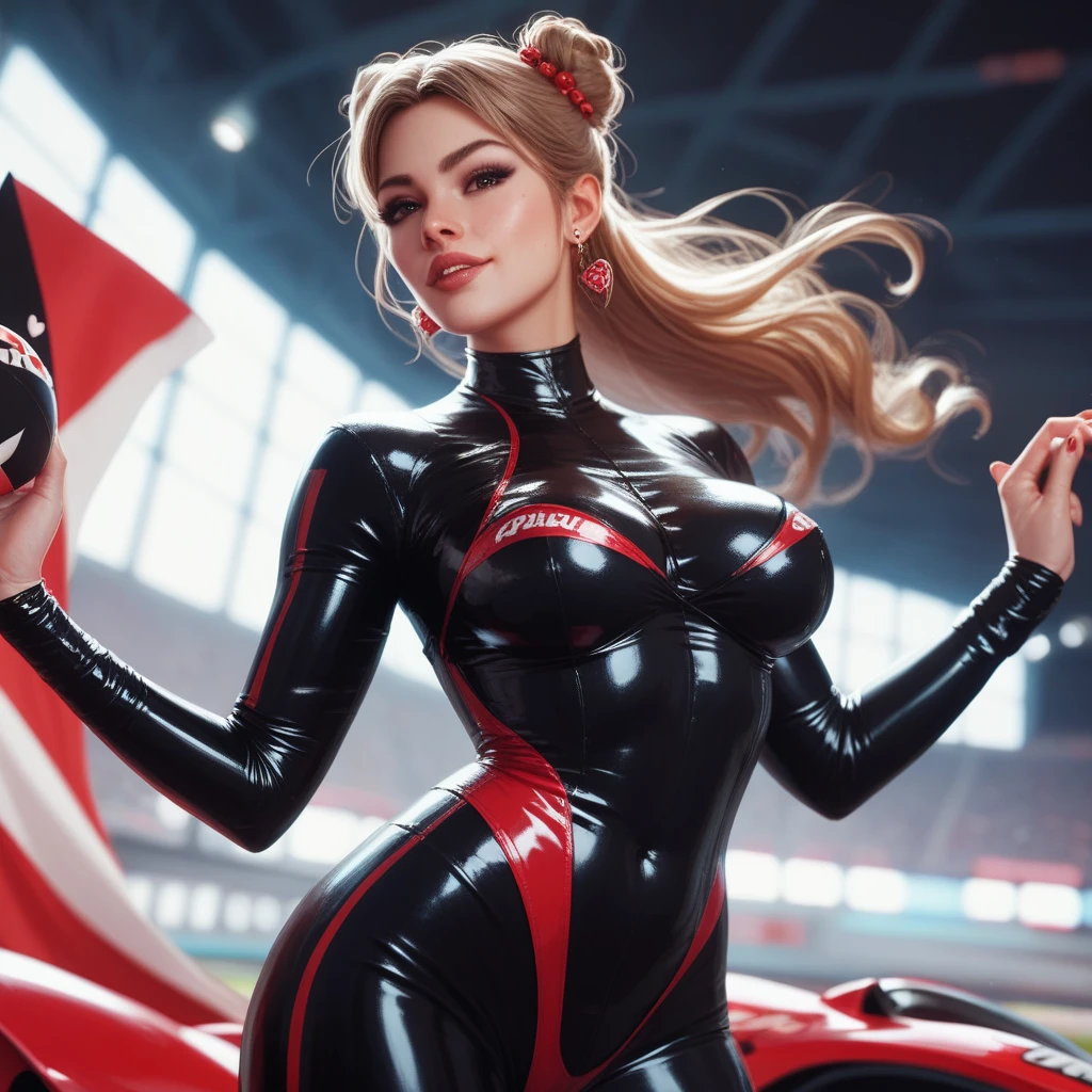 (​masterpiece:1.4)、(top-quality:1.4)、
1girl in, Bewitching Grid Girl, Long silver hair, looking at the viewers, 独奏 ,realisitic,(shinny skin),(​masterpiece:1.4),(top-quality:1.4),red-lips、Racetrack