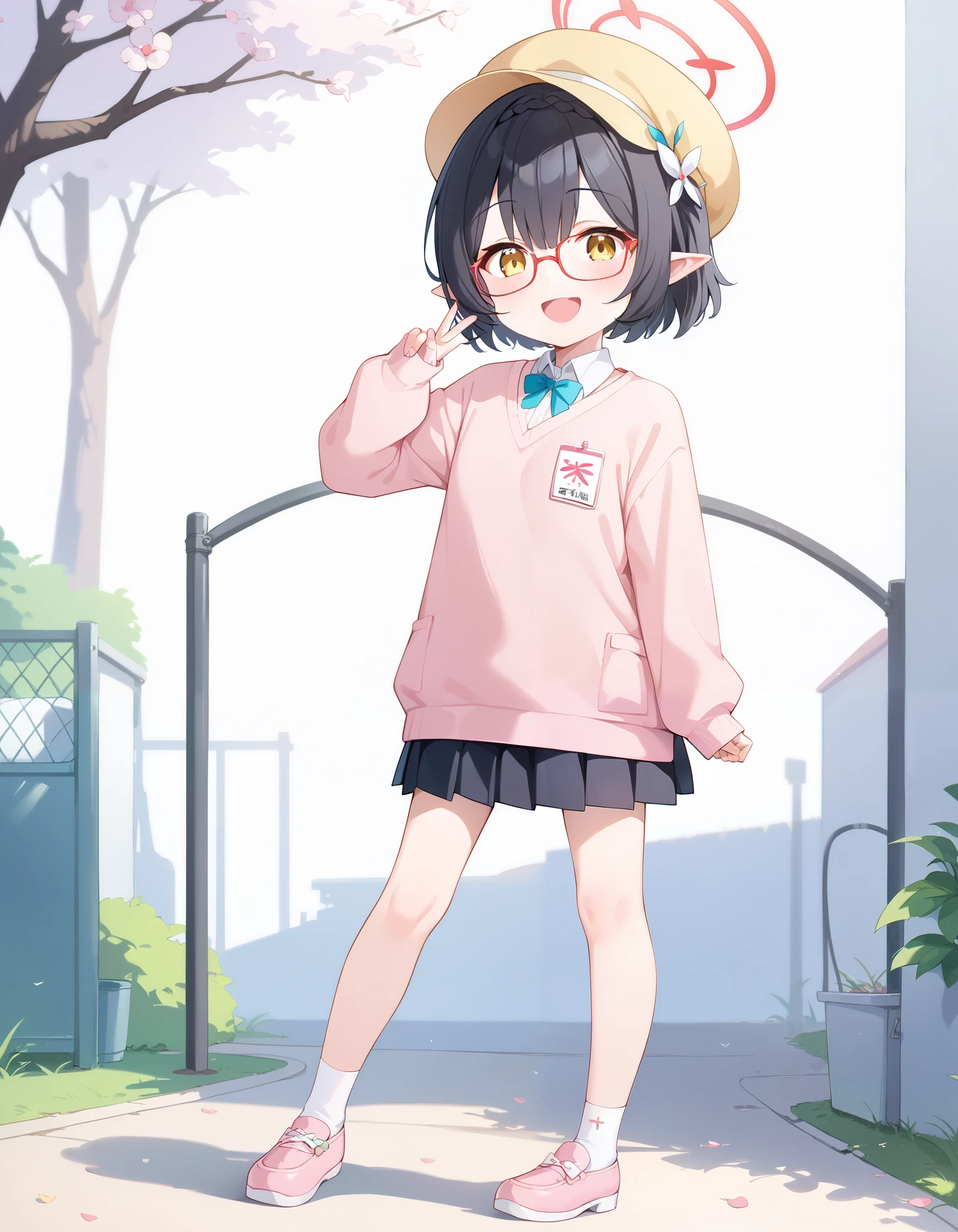 Hd, (girl:1.2) (slender body) (thin body), ayane \(blue archive\), smile, happy,yellow eyes,short hair,black hair,glasses,pointy ears,hair flower,halo, flat breasts, (white skin) happy and confident expression. full body, (ch1ldren playing), short girl, cute girl, (loli:1), (ch1ldren:1.2),  long straight hair, thin legs, flat chest, flat breasts. (happy, smile, cheerful), Standing, outdoor, school hat, yellow hat, kindergarten uniform, collared shirt, pink sweater, red name tag, flat chest, pleated skirt, black skirt, white socks, pink shoes 