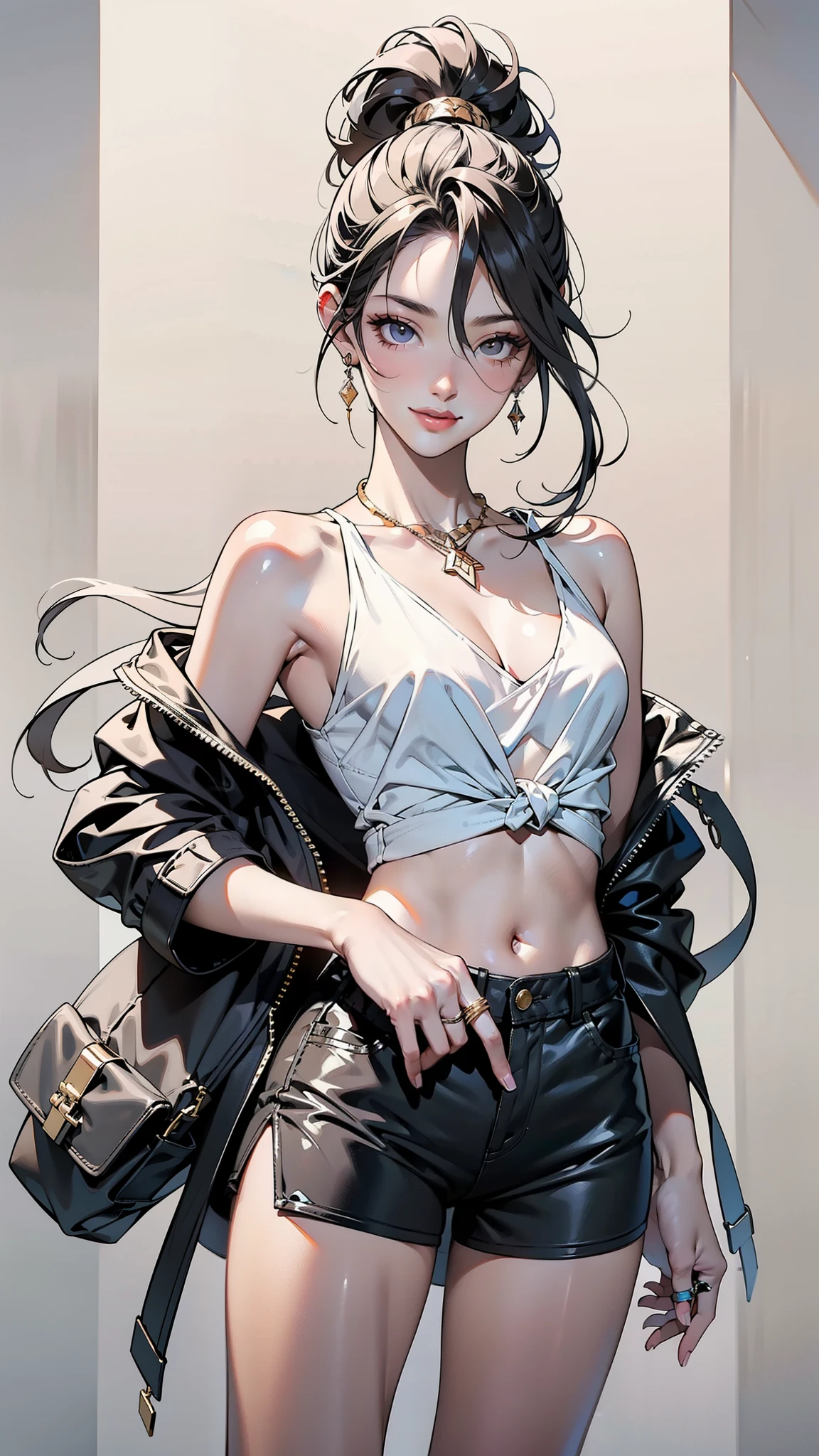 a 20 yo woman、Black blue Hair、poneyTail、(hi-top fade:1.3)、dark themed、Muted Tones、Subdued Color、highly contrast、(natural skin textures、Hyper-Realism、Soft light、sharp)、makeup, mascara, Lips are subdued or colors, simple black background, Minimalism, monotone, simple color palettes, Clean, sharp designs, flowing silhouettes, Tight skirts and pants, high-waisted skirts and pants, simple dresses, shirts and blouses, asymmetrical, geometric, Elegant and luxurious materials and designs, Simple, minimal accessories, Slim necklaces and rings in silver or gold, Simple bangles, Distinctive designs, simple silhouettes, simple and sophisticated style, elegance, minimalism, high quality materials, cool and urban impression, high fashion, simplicity and sophistication,
