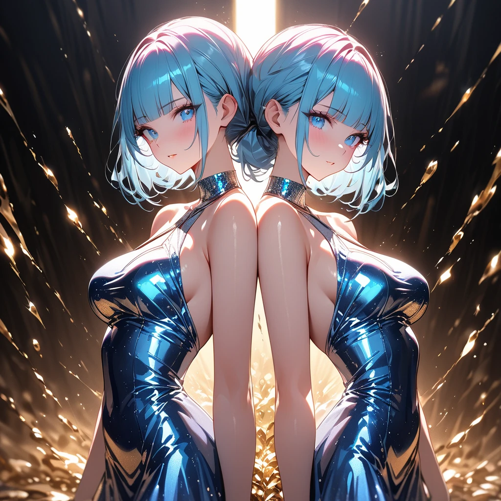Girls Short hair Blue hair Blue eyes Blue matching Smile confidently Correct limbs, perfect anatomy, best quality