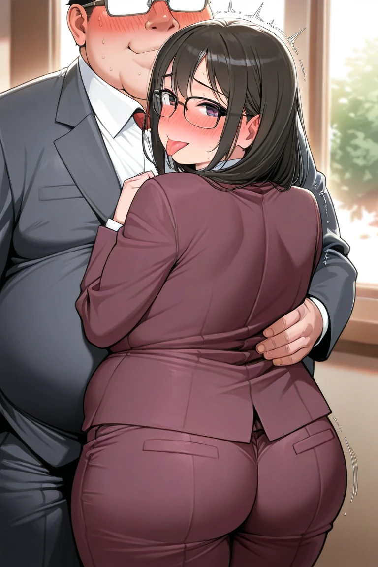  Girl Molested By Her obese fat man (japanese,glasses,tongue out, nose blush ,cleft chin,Chubby face,suit,thirties male,back )