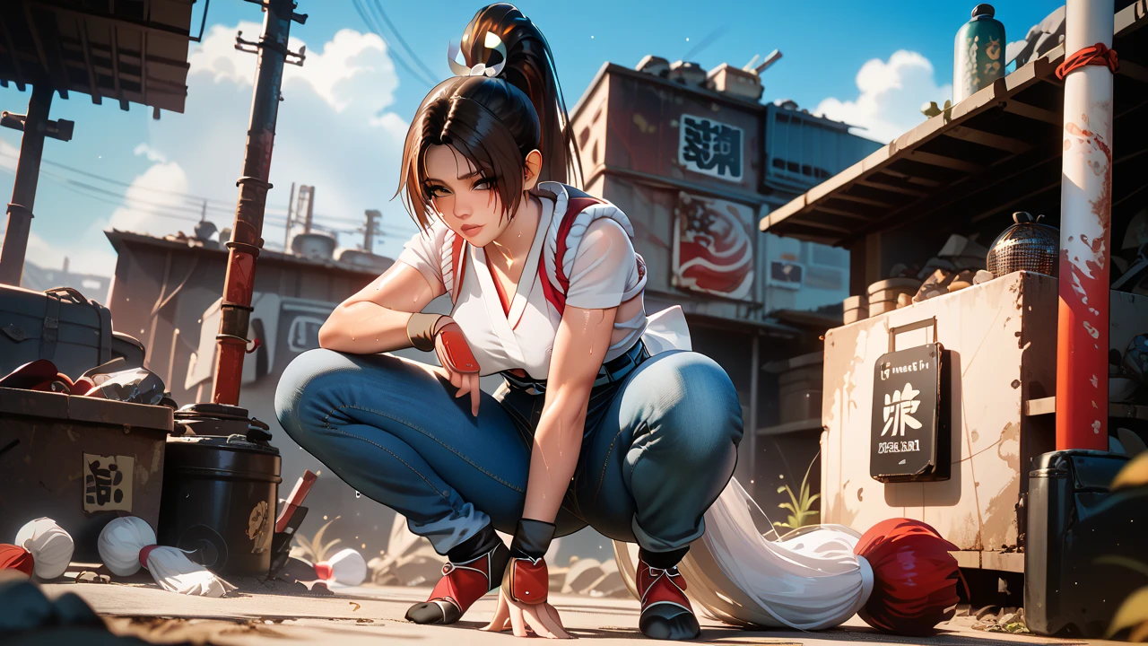   Sexy mai shiranui, UHD,   on a wasteland,  wearing a shirt and jeans, sweating, standing, crouching,  