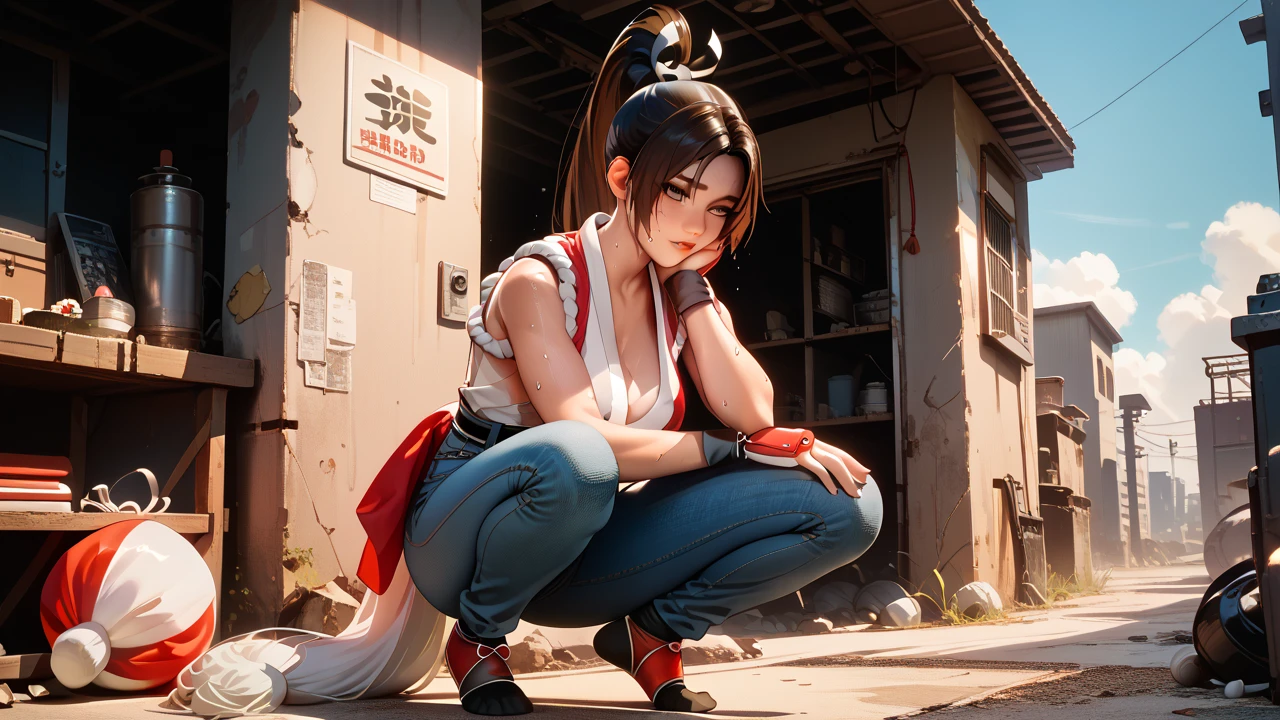   Sexy mai shiranui, UHD,   on a wasteland,  wearing a shirt and jeans, sweating, standing, crouching,  