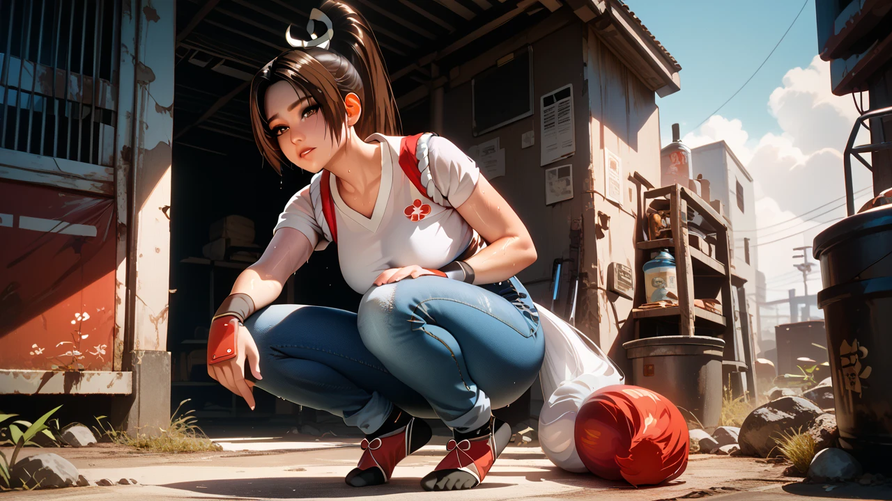   Sexy mai shiranui, UHD,   on a wasteland,  wearing a shirt and jeans, sweating, standing, crouching,  