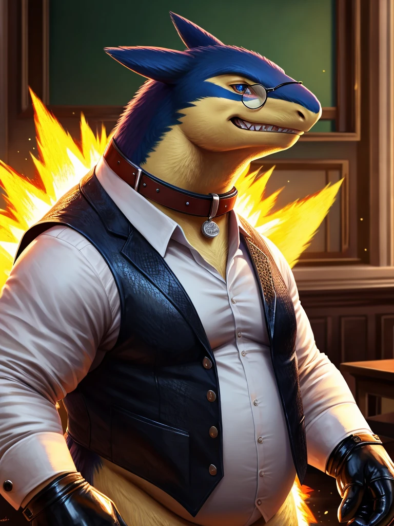 Solo, Male, fat, extremely obese, gentleman, dapper Professor Typhlosion, mob boss, blue eyes, (posing:1.3), (soft shading), 4k, hi res, ((detailed face, detailed)), looking at viewer, mouth wide open, dapper clothing, collared shirt with buttons, bowler hat, male focus, Explorer Outfit, glasses, monocle, vest with buttons, sleeves rolled up, round eyewear, brown headwear, brown vest, office, Typhlosion is wearing a glossy leather dog collar around the neck, Typhlosion is wearing the leather collar and shirt and vest at the same time, Typhlosion is wearing glossy white rubber gloves on the hands, wearing white rubber gloves on the feet, gloves are rubber in texture, clenching teeth, clenching fists, leather collar is glossy and shiny with a lot of detail, Typhlosion is wearing gloves and leather collar at the same time, leather collar has a round dog-tag, leather collar is thick and detailed, leather collar is glossy and shiny, fancy clothing, dapper vest, dapper shirt, leather collar is thick, glossy leather collar.