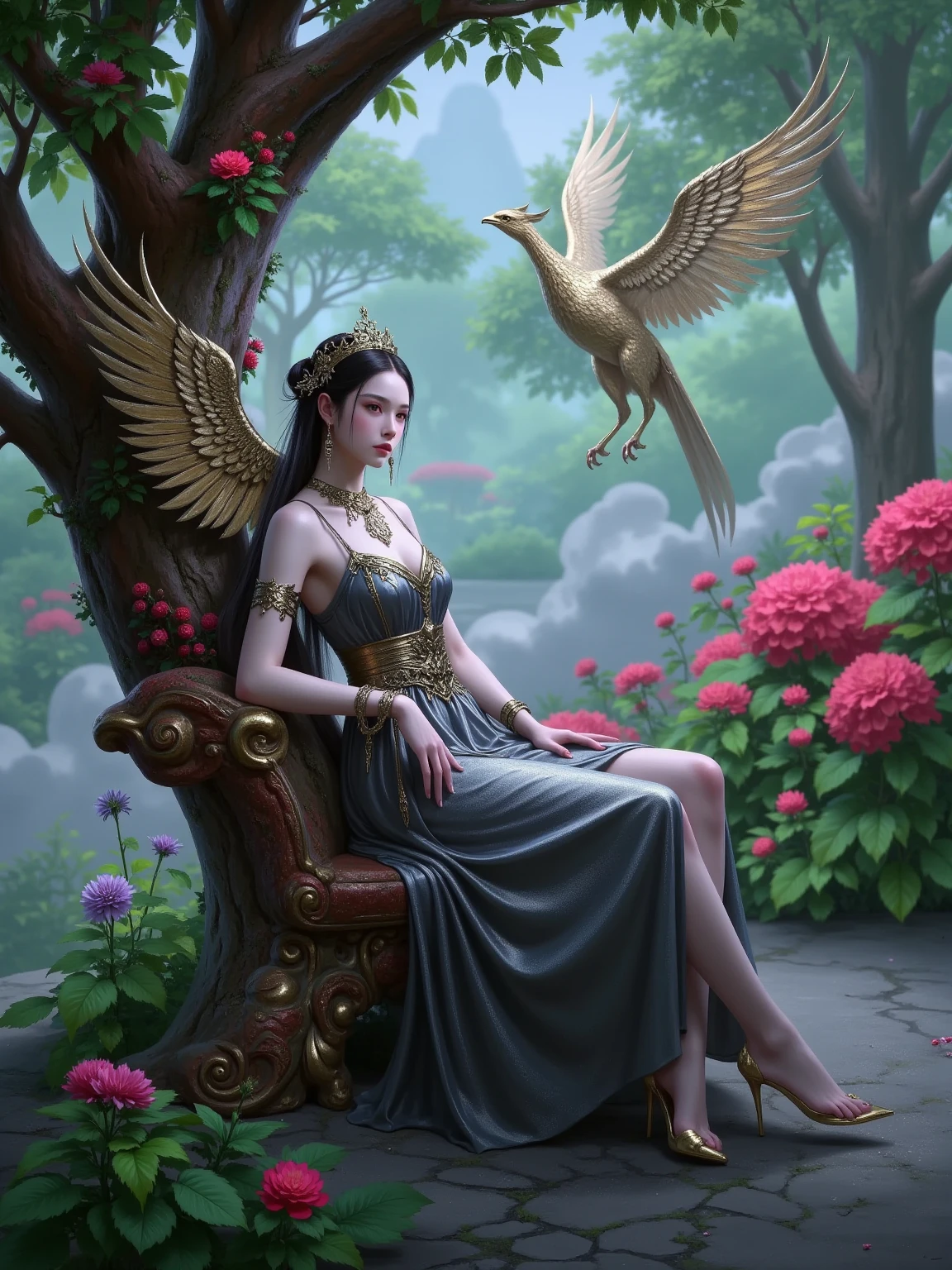 An astonishing 8K octane render of a stunning gothic angel, gracefully seated on a beautifully crafted bench in a serene park. The angel is adorned with intricate gothic attire, featuring dark, flowing fabrics and ornate details that reflect light in captivating ways. Her majestic wings, adorned with delicate patterns, extend elegantly behind her, creating a striking silhouette against the backdrop of lush greenery. The park is filled with vibrant flowers, towering trees, and softly dappled sunlight filtering through the leaves, enhancing the ethereal atmosphere. The scene captures a moment of tranquility and beauty, showcasing the contrast between the angel's gothic elegance and the natural splendor of the park