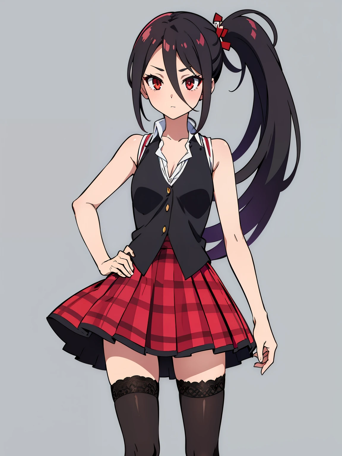 (high-quality, breathtaking),(expressive eyes, perfect face) 1girl, female, solo, ager, black color hair, red highlight in hair, red eye color, short hair length, fluffy spiky hair, Symmetrical Eyes, portrait, positive expression, grey background, narrow eyes, fserah, side ponytail, sleeveless white dress shirt, red plaid-pleated skirt lined with black lace, black thigh-high stockings, serah farron outfit