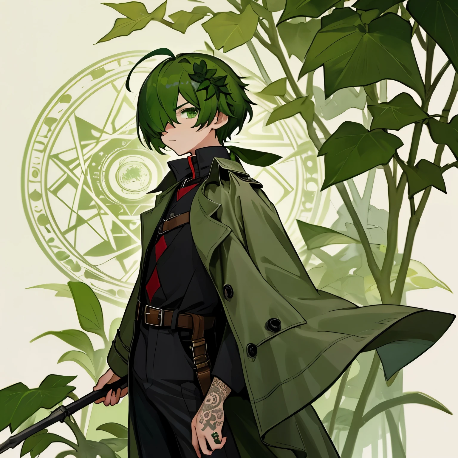 (boy), Dryad, green ivy hair, green eyes, short cut, side part, ahoge, hair over one eye, thin eyebrows, young, alone, short, Shota, serious look, intelligent, hopeful, proud, pants, trench coat, long boots, plant hair accessory, wide pants, harness, belt, Solo, wizard,  both hands with magic spear blast, hurry potter, upper body, old magic circle effect, with a plant pattern tattoo
