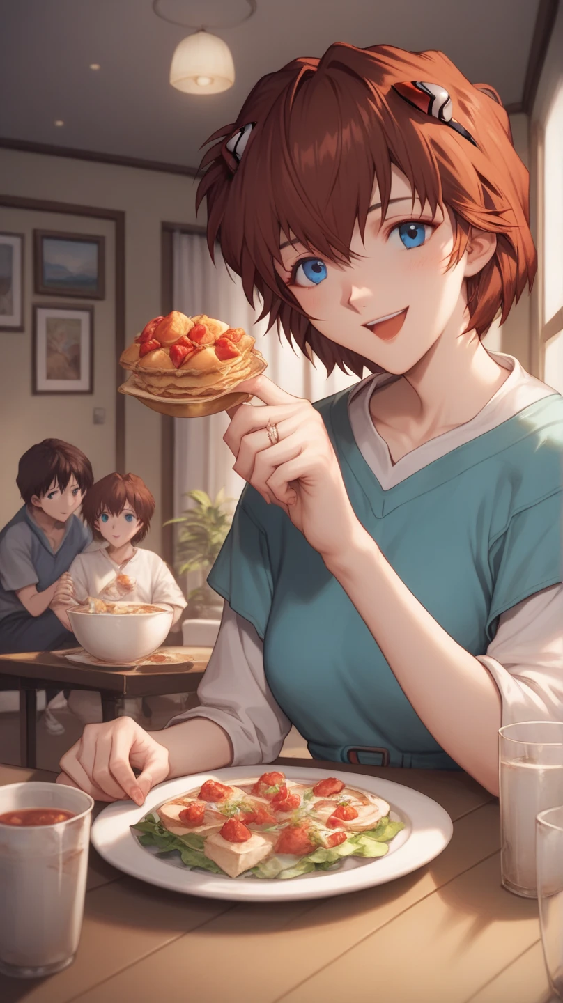 Mana Kirishima, Evangelion style, blue eyes, perfect eyes, hand perfect, adult woman, short hair, brown hair, housewife, married, waiting for you in the dining room, inside a family home, looking at the viewer, happy, smiling, at a dinner, with an engagement ring on her finger.


