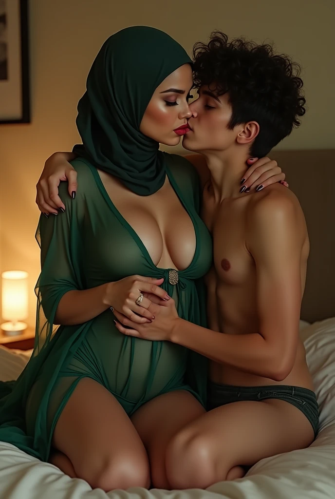 NSFW, Mature woman with her son ,((38 years old)), having sex, small breasts, big hips, black hijab, beautiful, Masterpiece: 1.3, naked, Masterpiece, soft smile, naughty, full body