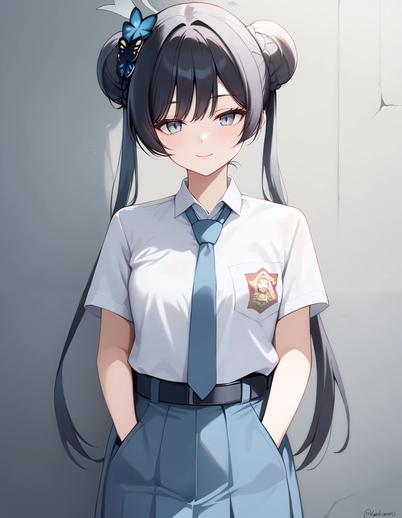 Masterpiece, hd, best quality, kisaki, black hair, double bun, grey eyes, halo, long hair,  Indonesia high school uniform, wearing white collared shirt, short sleeves, light blue skirt, pleated skirt, light blue neck tie, pocket, school logo on pocket, wearing black belt, outdoor,  light smile,  standing, cowboy shot