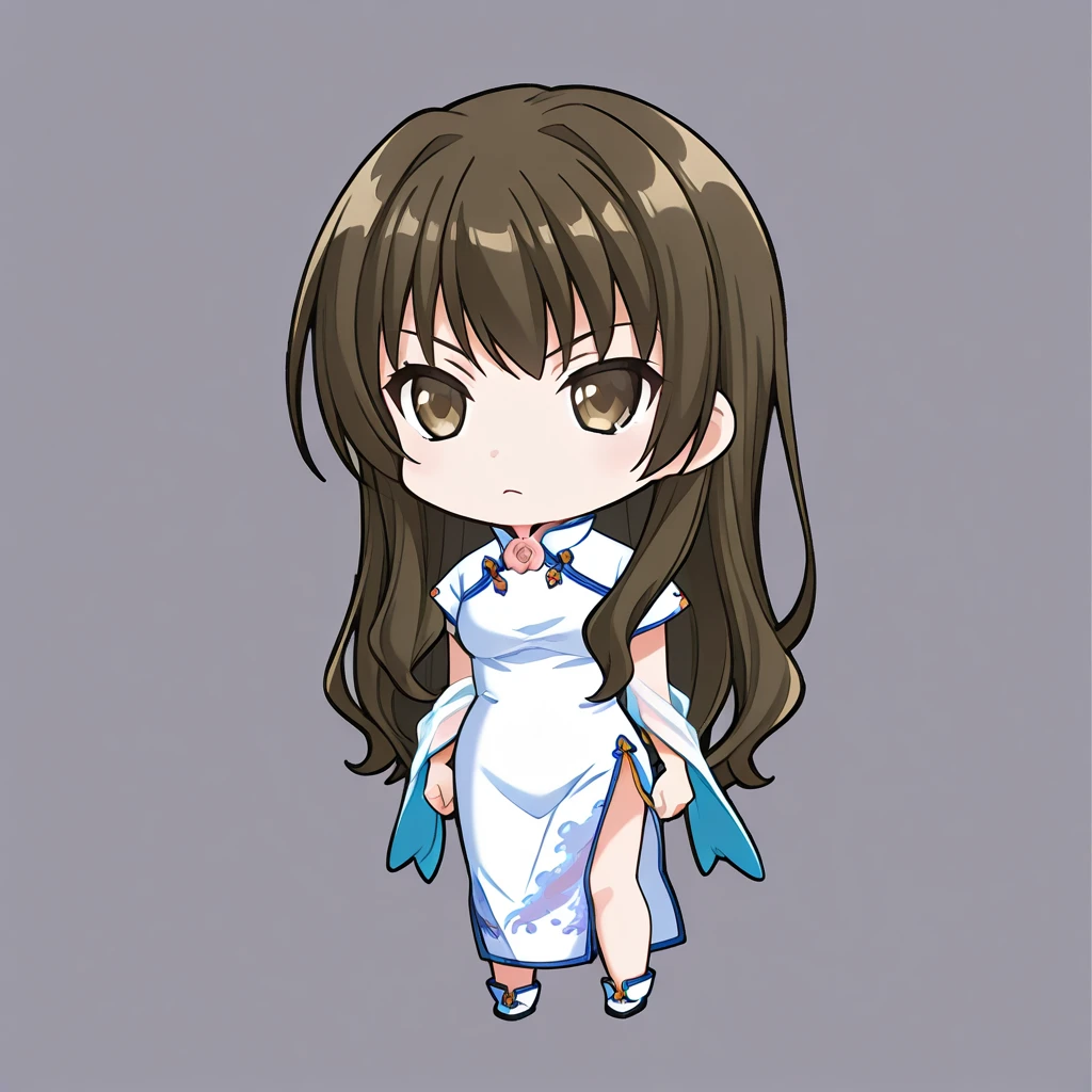 chibi-dol, chibi, full body, 1girl, solo, simple background, akanegasaki sora, {ever17_sora, brown eyes, brown hair, long hair, white dress, china dress, chinese clothes, covered arms,}